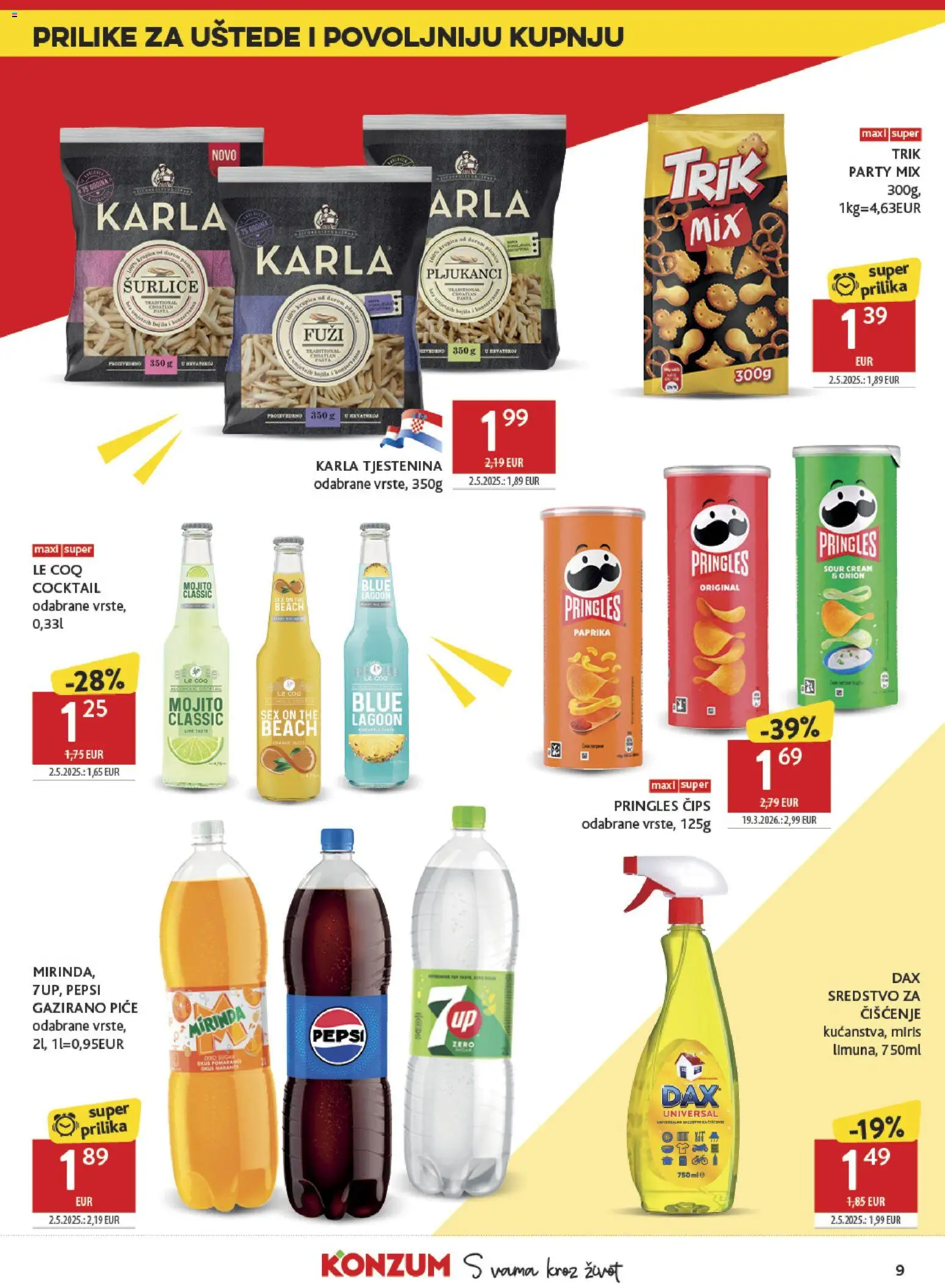 Konzum katalog | vrijedi od 23.09.2026 | Stranica: 9 | Proizvodi: Miris, Pringles, Tjestenina, Čips