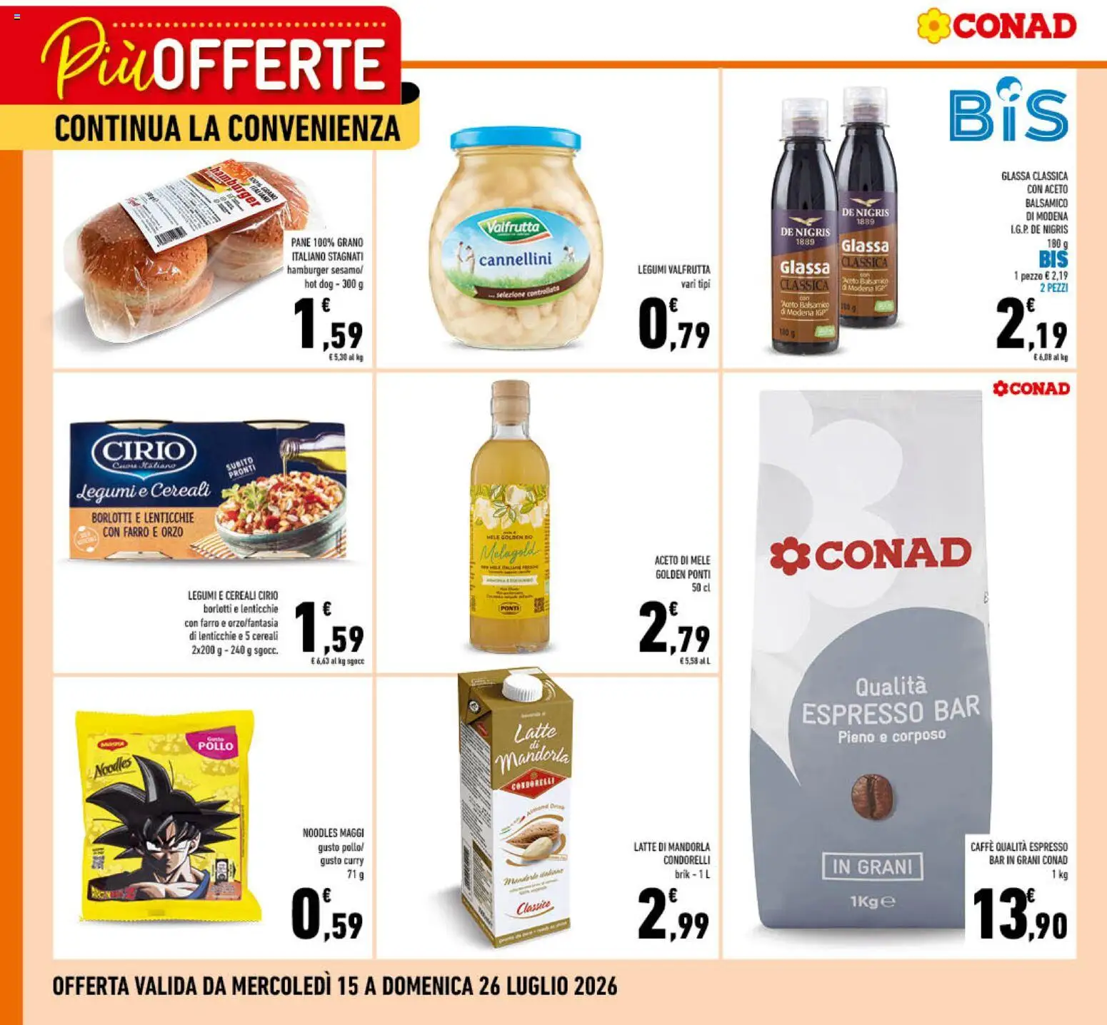 Volantino Conad del 15/07/2026 | Pagina: 1 | Prodotti: Pollo, Cannellini, Glassa, Farro