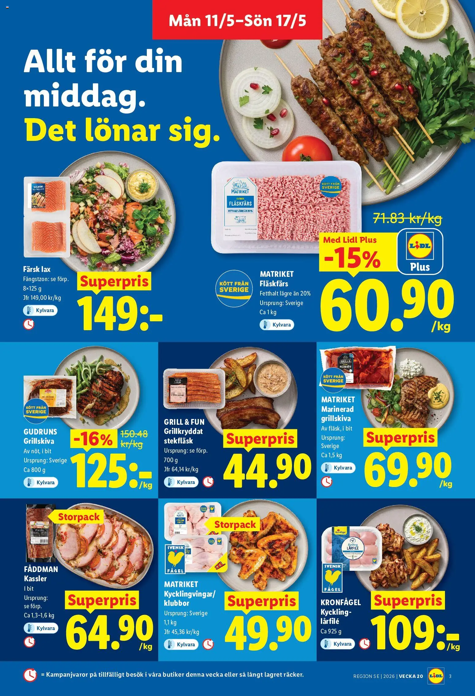 Lidl reklamblad aktuell från 11.05.2026 | Sida: 3 | Produkter: Grill, Kassler, Lax
