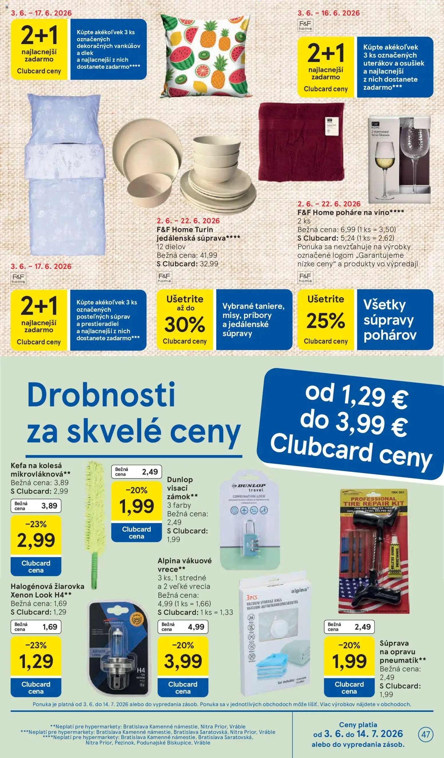 Nové Tesco akcie – leták je platný od 03.06.2026 | Strana: 47 | Produkty: Žiarovka, Jedálenské súpravy, Víno