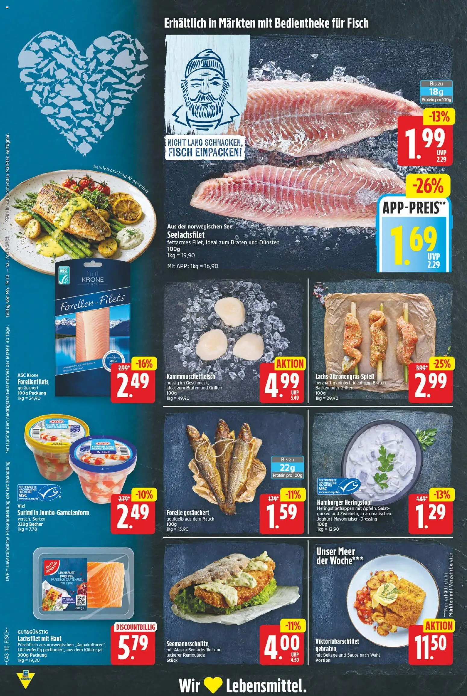 E center Prospekt – gültig ab 19.10.2026 | Seite: 10 | Produkte: Fisch, Gurken, Salat