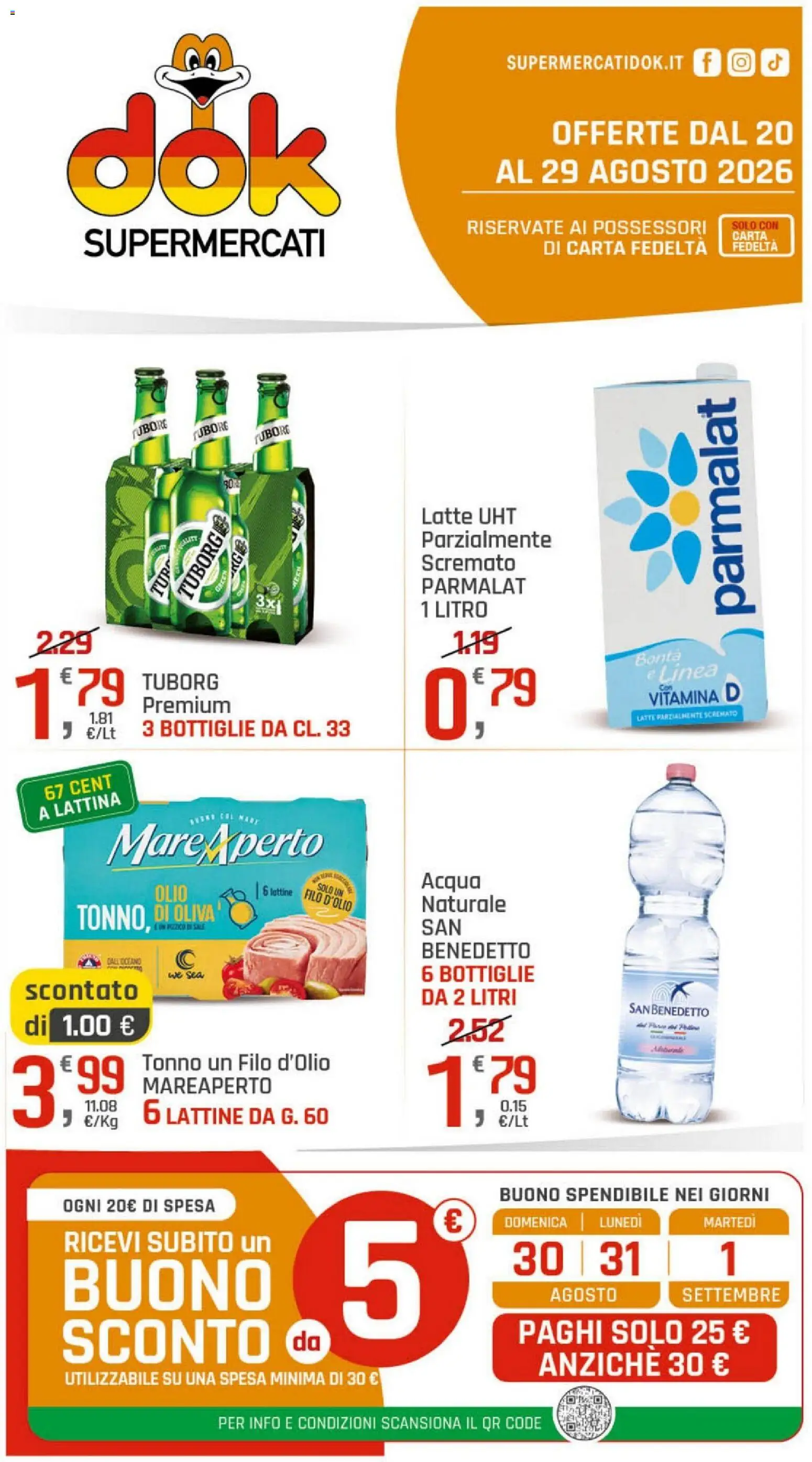 Volantino DOK del 20/08/2026 | Pagina: 1 | Prodotti: Acqua, Latte, Olio, Tonno