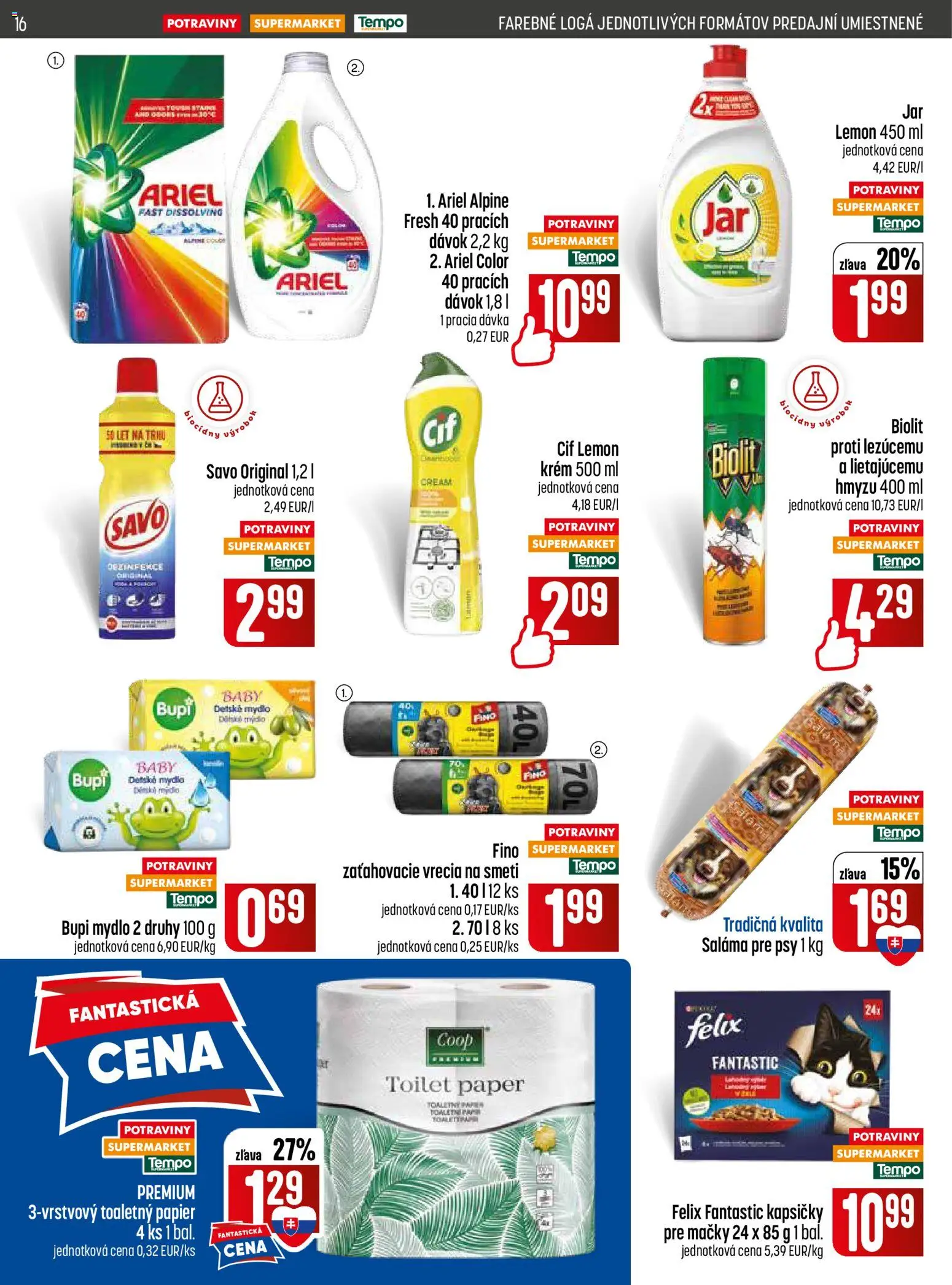 Nové COOP Jednota akcie – leták je platný od 18.06.2026 | Strana: 16 | Produkty: Felix, Toaletný papier, Ariel, Cif