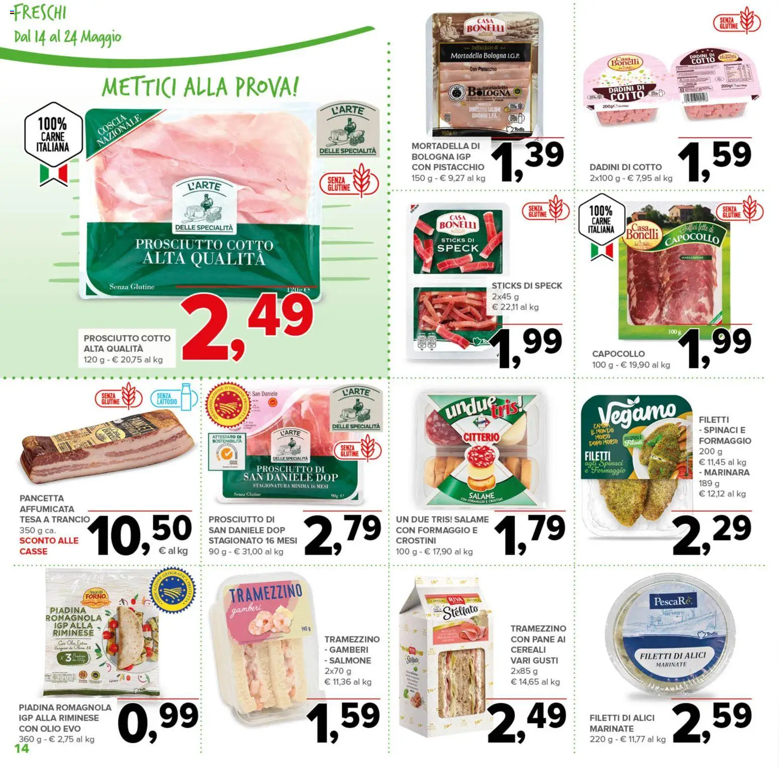 Volantino Todis del 14.05.2026 | Pagina: 14 | Prodotti: Cd, Gamberi, Pancetta, Formaggio