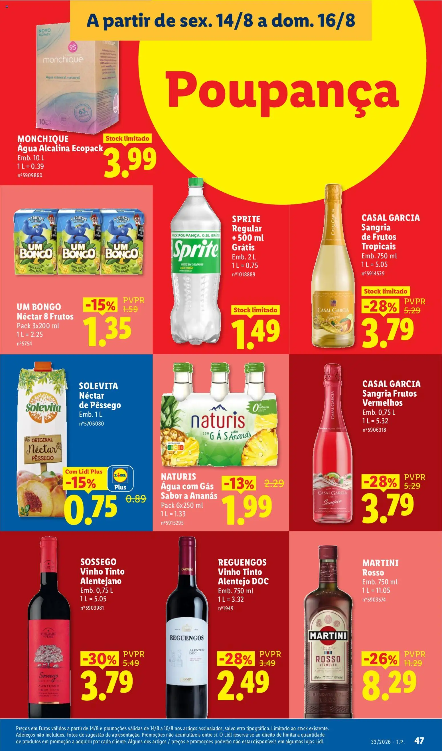 Lidl folheto │ válido de 10/08/2026 | Página: 47 | Produtos: Martini, Sprite, Água com gás, Vinho tinto