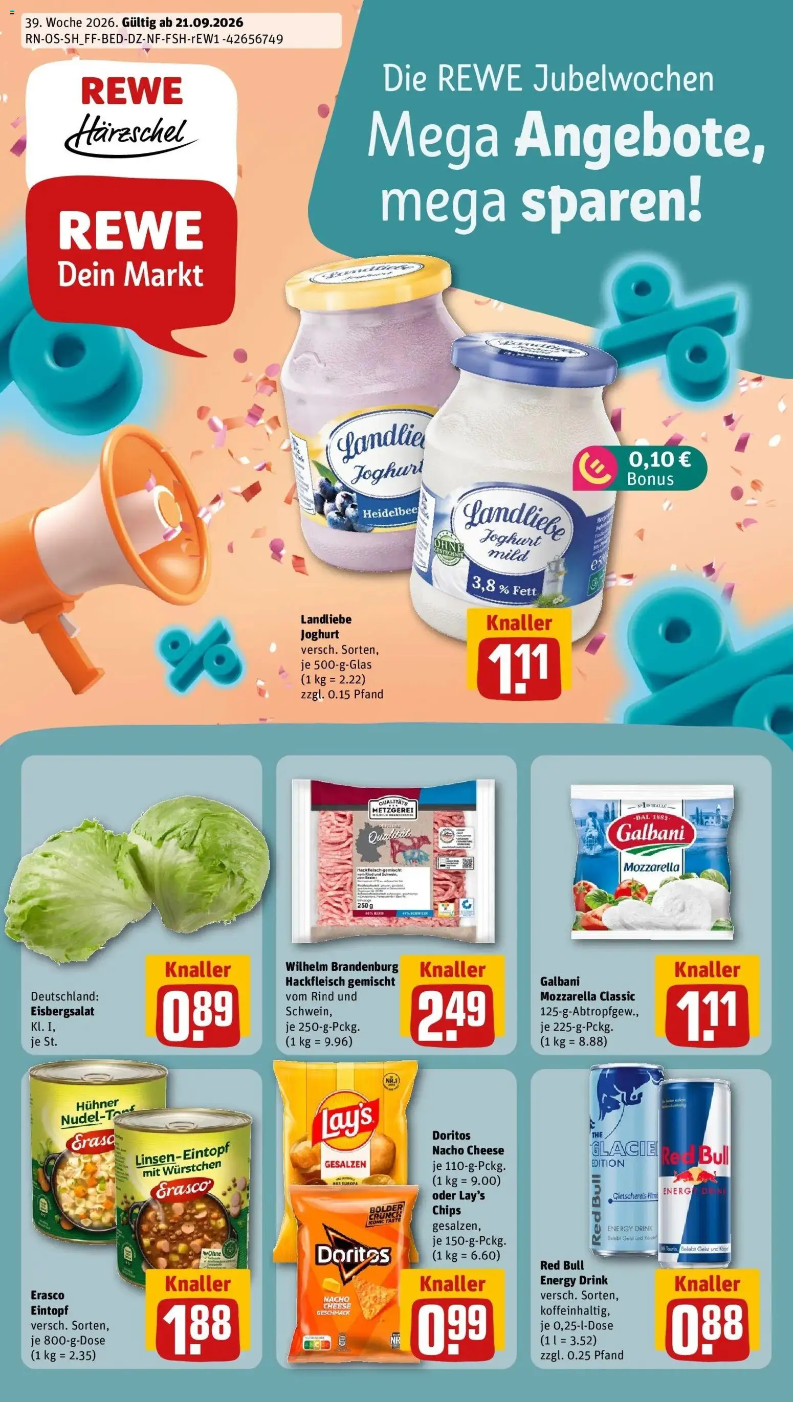 REWE Prospekt ab 21.09.2026 zum Blättern » Angebote | Seite: 1 | Produkte: Joghurt, Eisbergsalat, Erasco, Chips