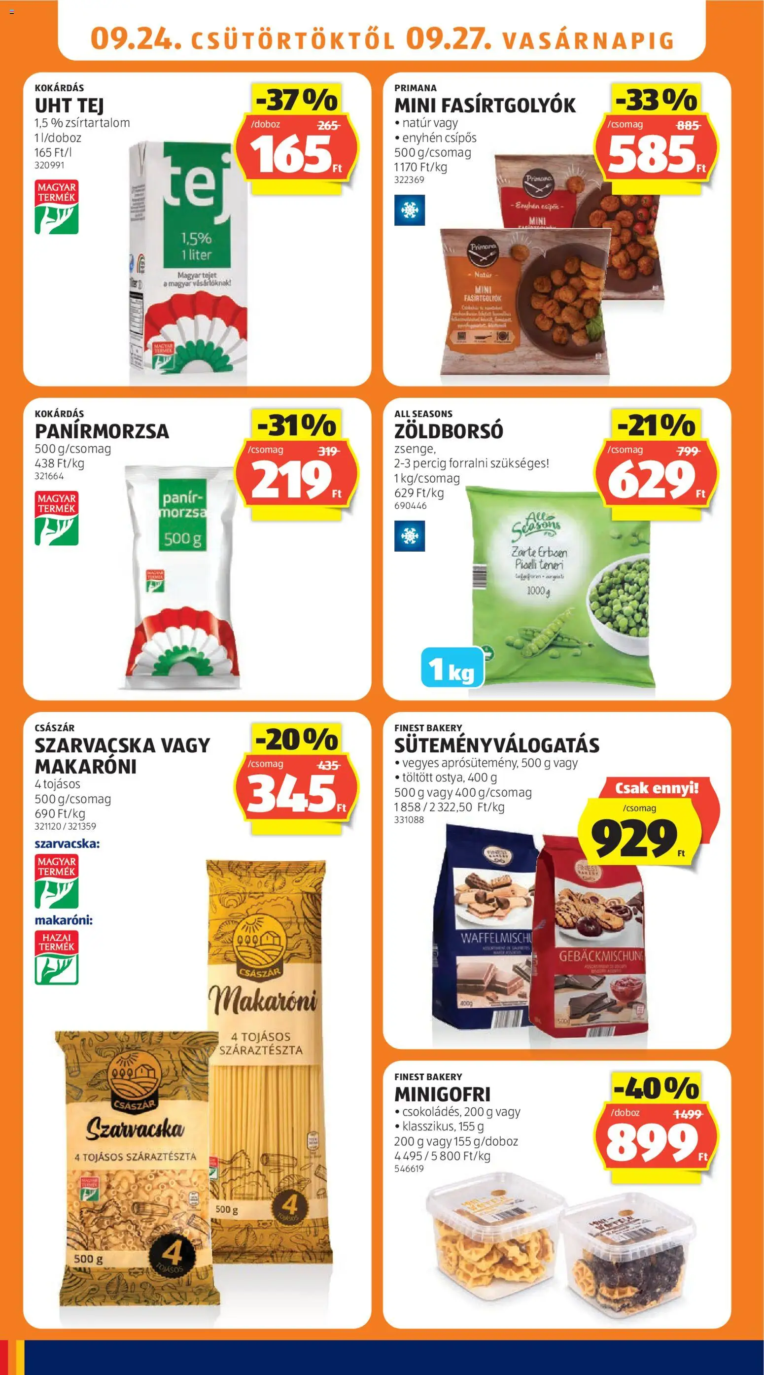Aldi akciós ujság - amely érvényes a következő dátumtól: 2026.09.24. | Oldal: 14 | Termékek: Zöldborsó, UHT tej, Tej, Száraztészta