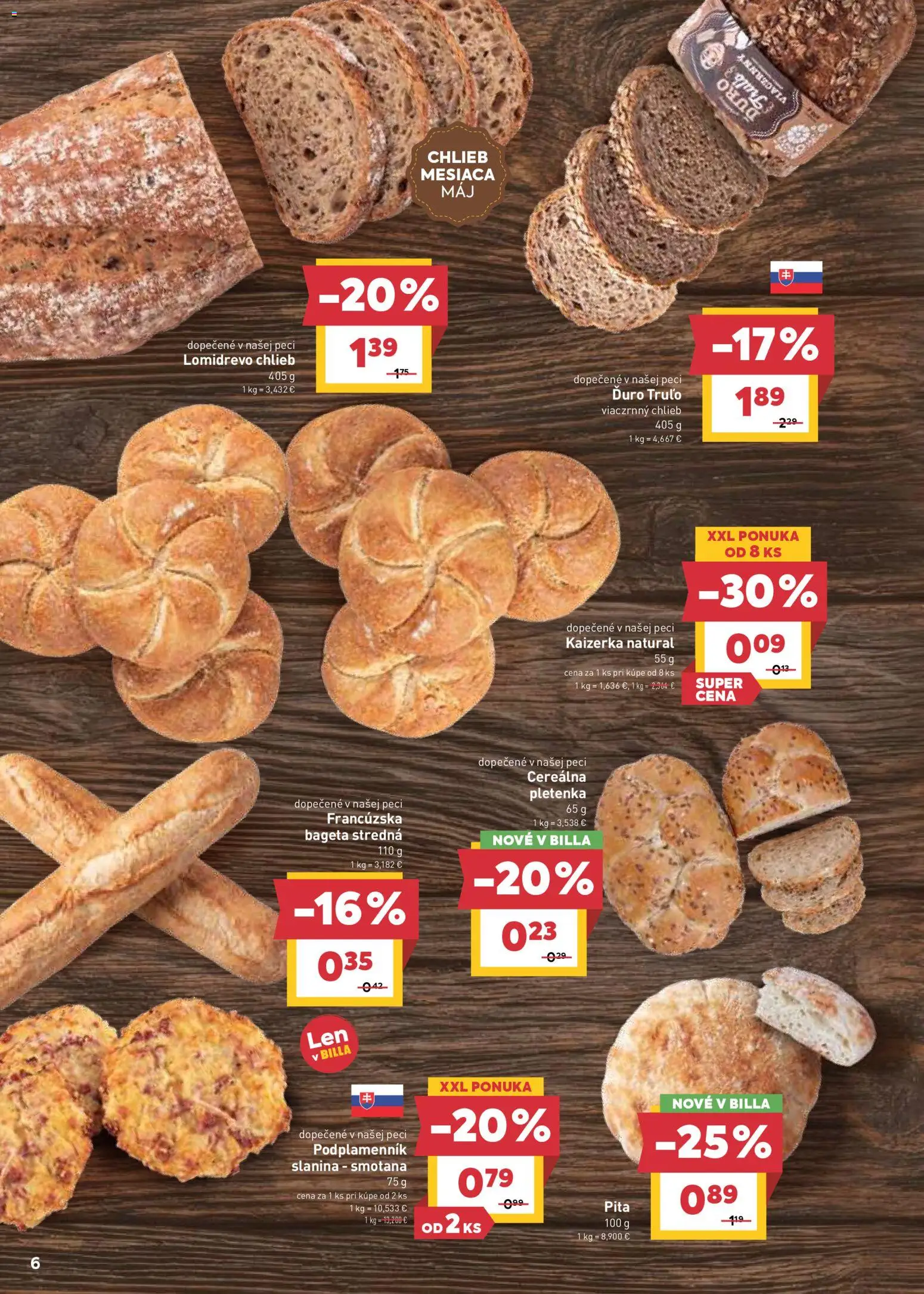 Nové Billa akcie – leták je platný od 13.05.2026 | Strana: 6 | Produkty: Chlieb, Slanina, Smotana