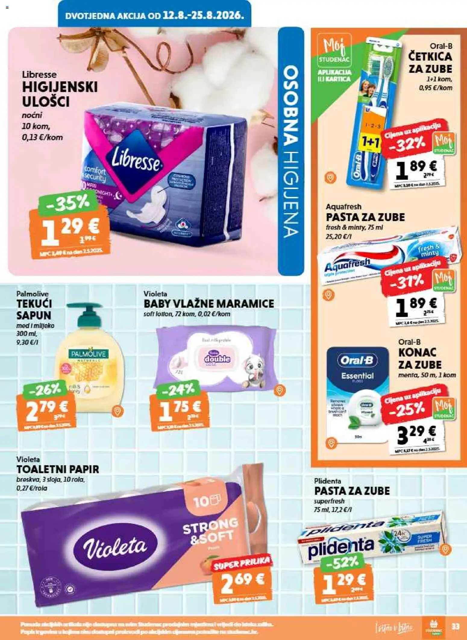 Studenac katalog | vrijedi od 12.08.2026 | Stranica: 33 | Proizvodi: Med, Toaletni papir, Violeta, Libresse