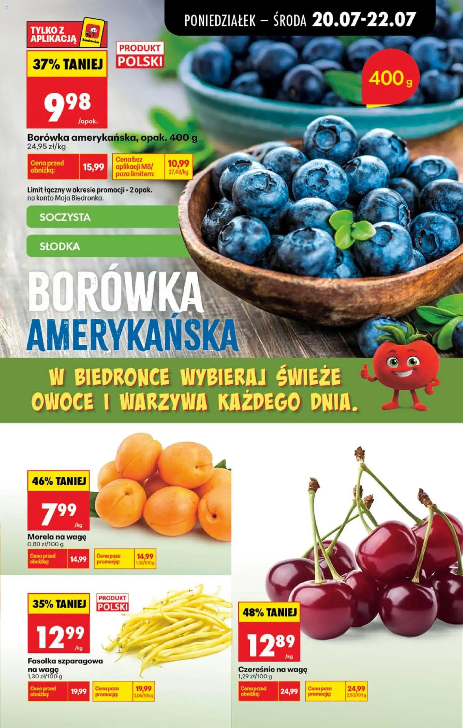 Biedronka gazetka od poniedziałku od 20.07.2026 | Strona: 27 | Produkty: Borówka amerykańska, Czereśnie, Warzywa, Owoce