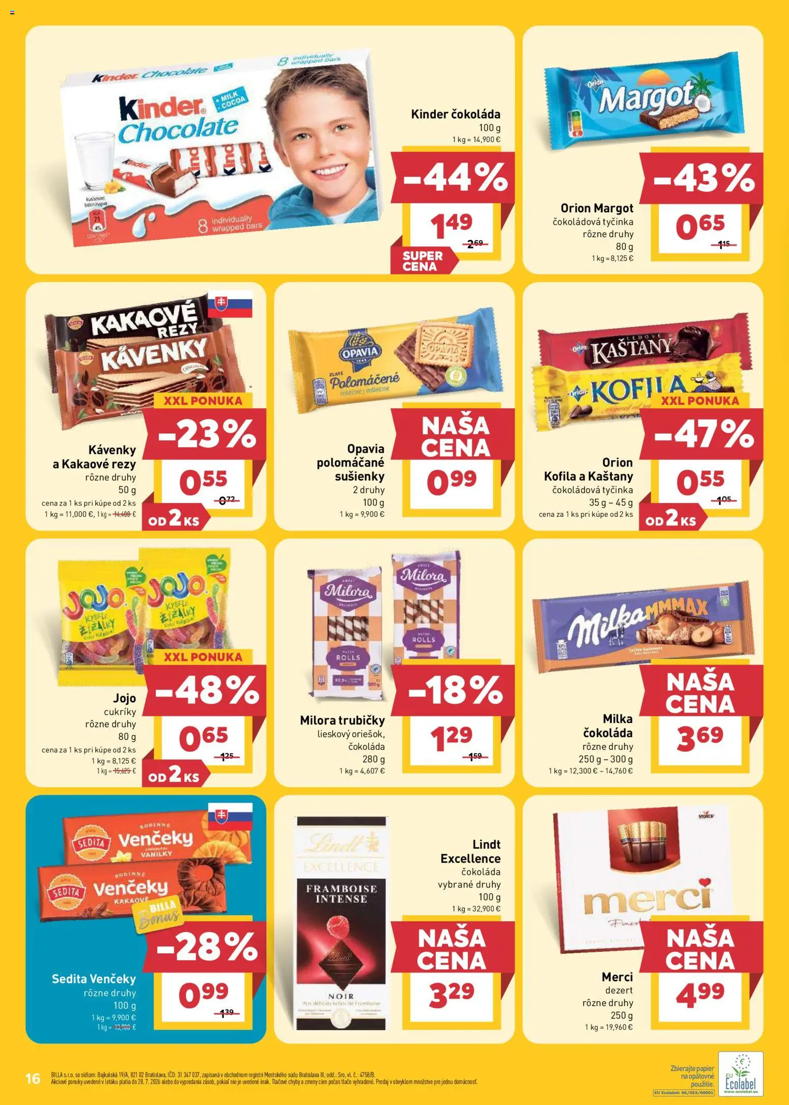 Nové Billa akcie – leták je platný od 22.07.2026 | Strana: 16 | Produkty: Sušienky, Lindt, Trubičky, Milka