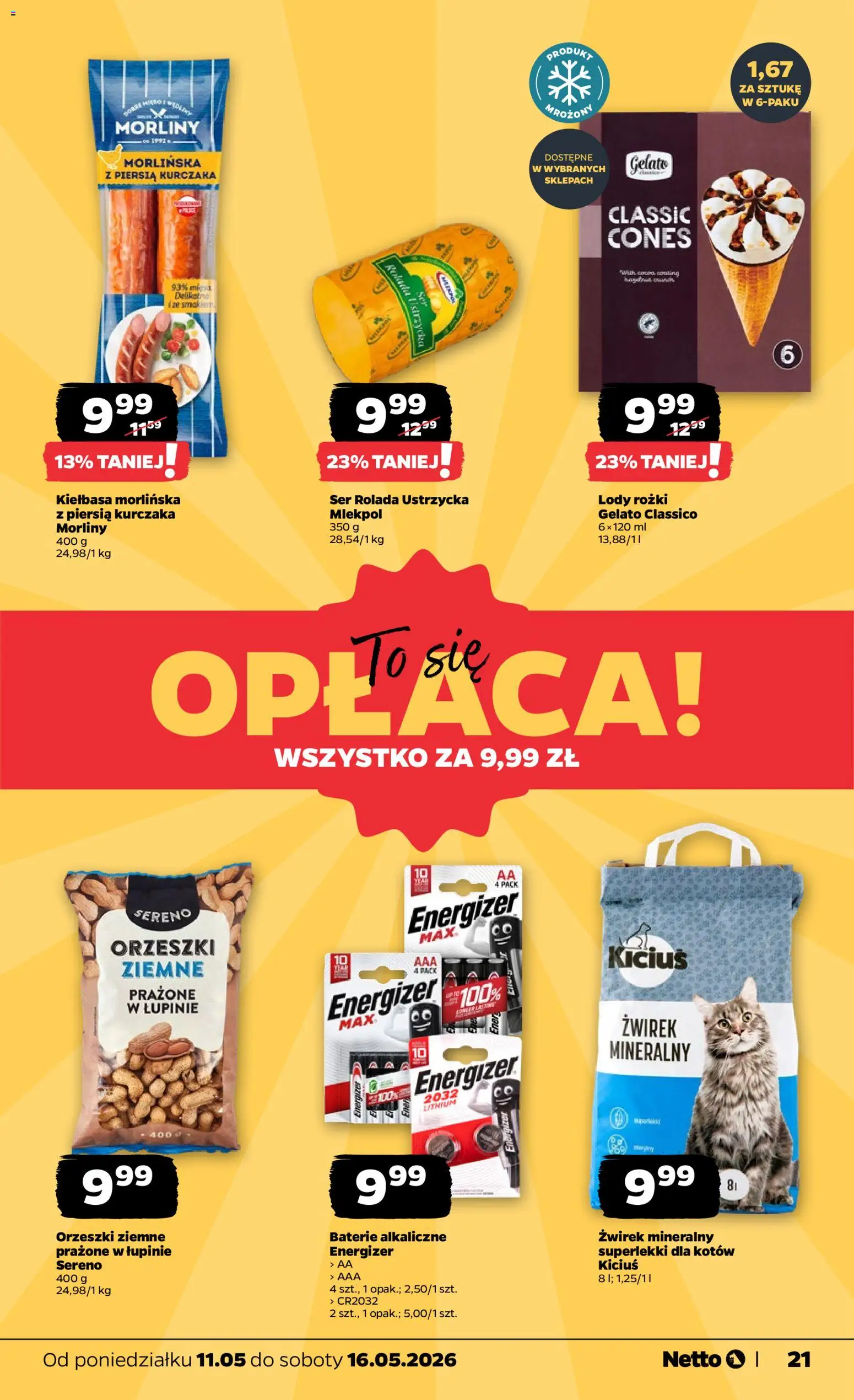 Netto gazetka od poniedziałku spożywcza od 11.05.2026 | Strona: 21 | Produkty: Kiełbasa, Rolada, Ser, Lody