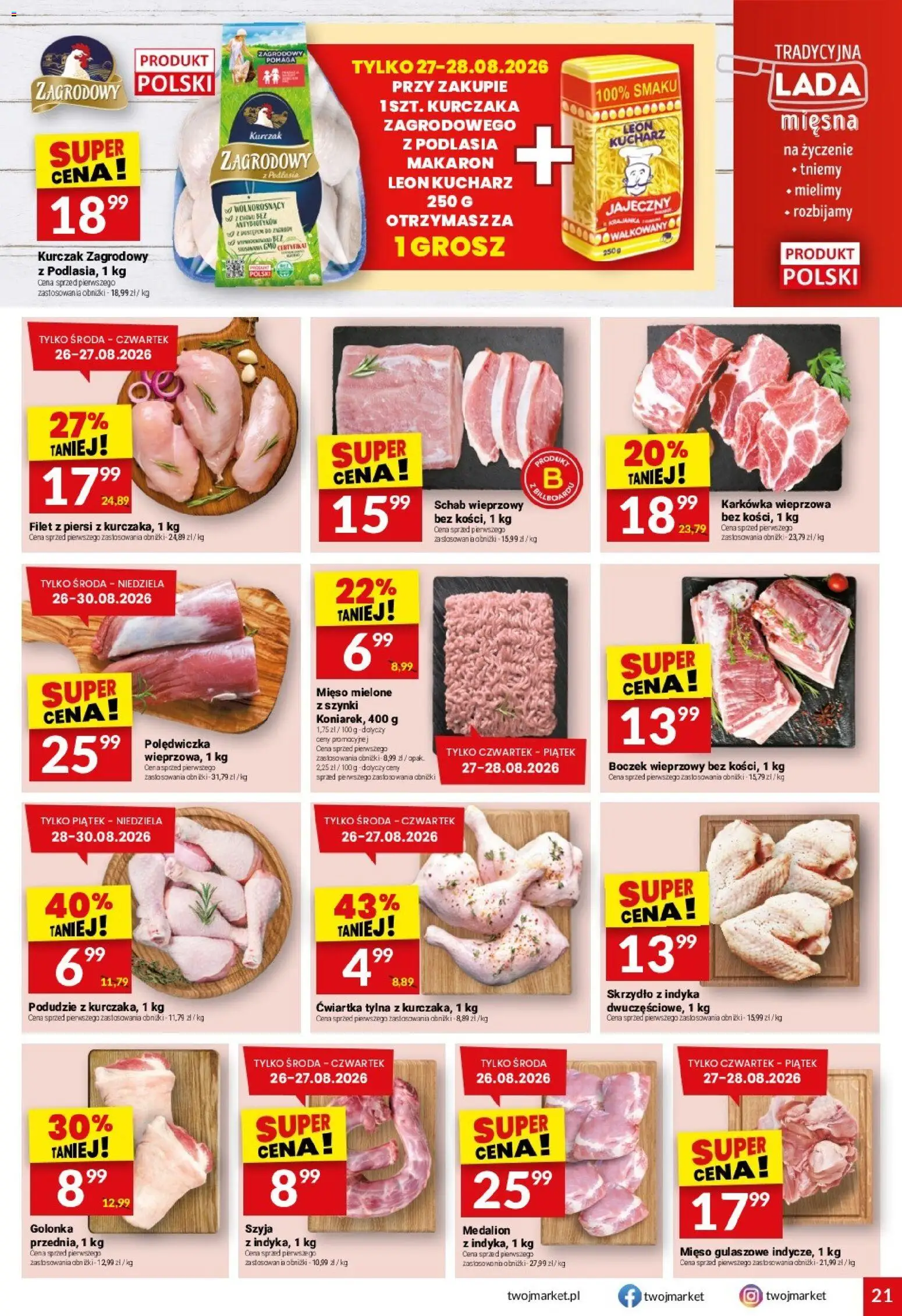 Twój Market gazetka od 26.08.2026 | Strona: 21 | Produkty: Karkówka, Kurczak, Boczek, Filet