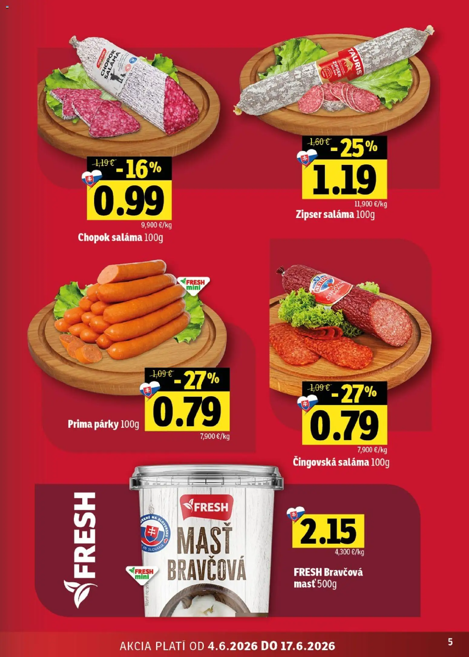 Nové Fresh akcie – leták je platný od 04.06.2026 | Strana: 5 | Produkty: Saláma, Párky