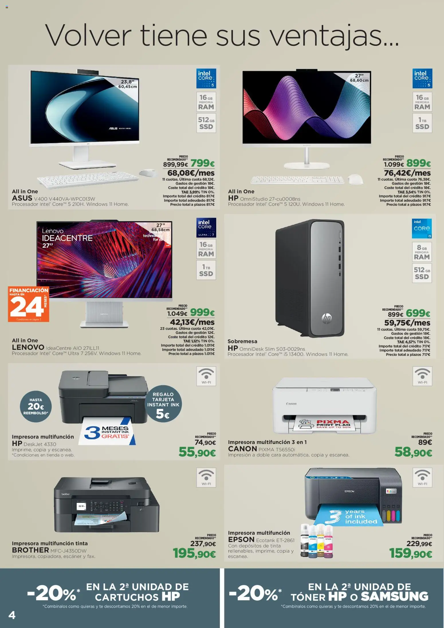 El Corte Inglés Volver tiene sus ventajas │ válido desde el 20/08/2026 | Página: 4 | Productos: Té, Impresora, Toner