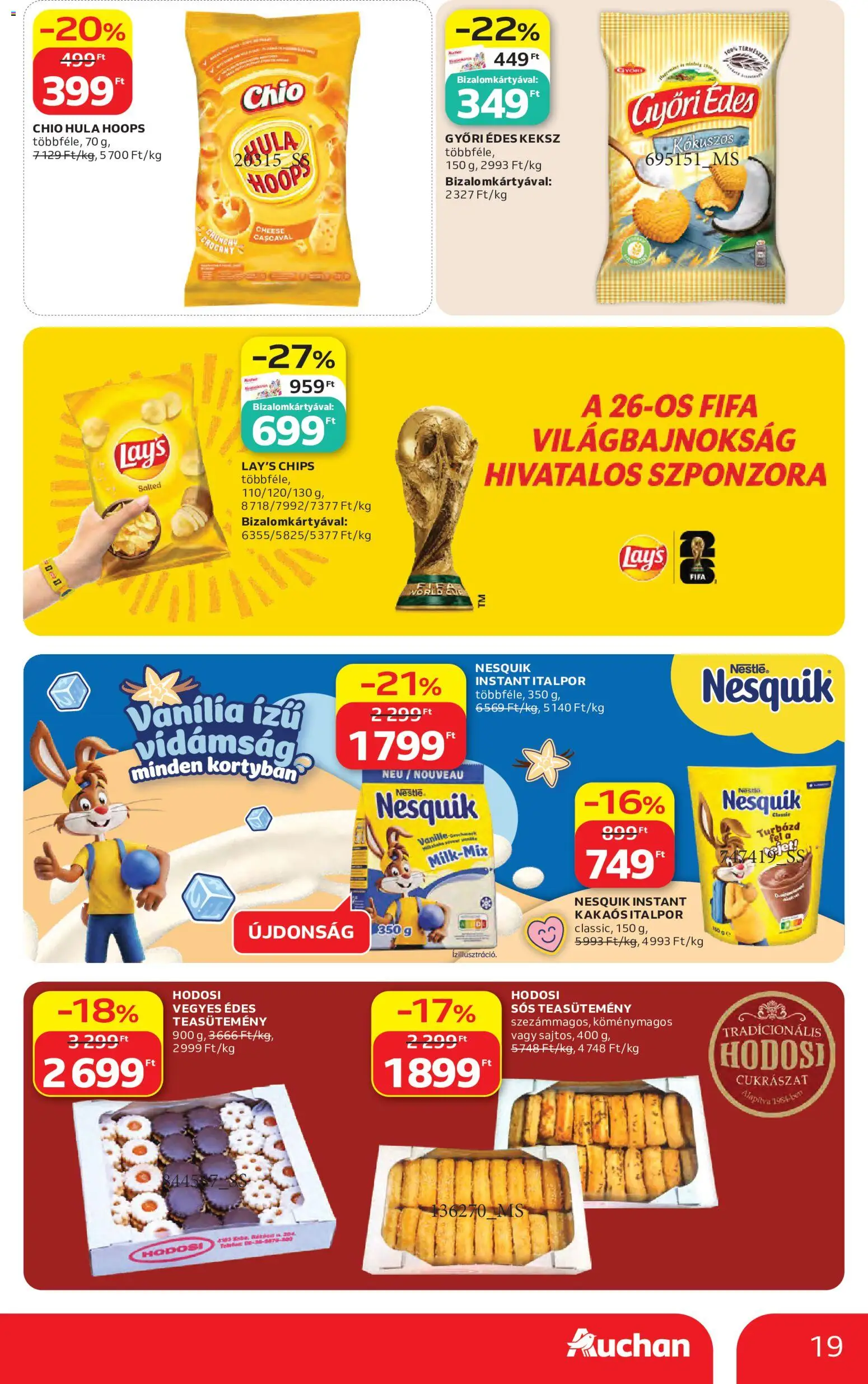 Auchan akciós ujság - amely érvényes a következő dátumtól: 04.06.2026 | Oldal: 19 | Termékek: Chips, Teasütemény, Nesquik, Italpor