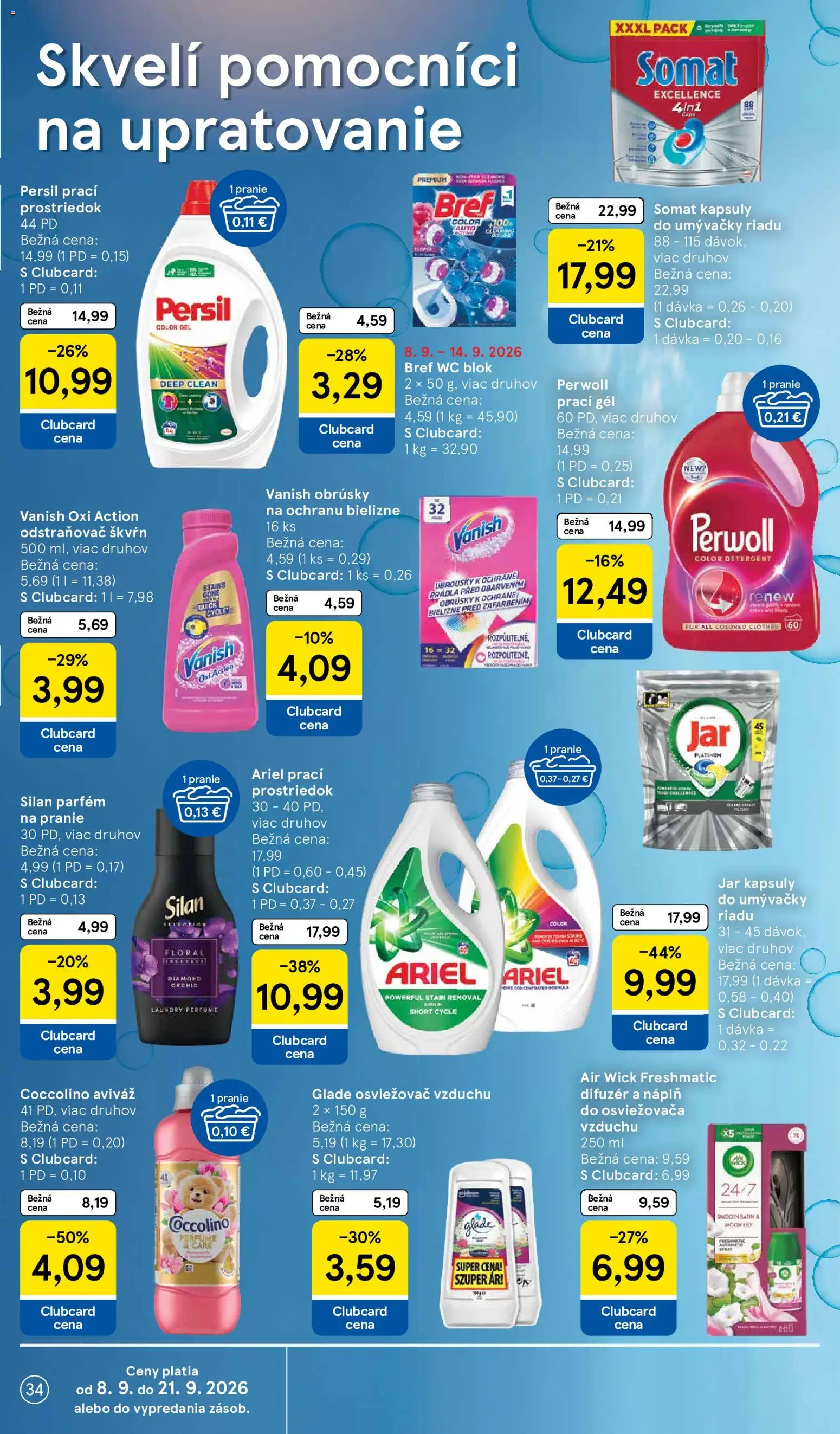 Nové Tesco akcie – leták je platný od 09.09.2026 | Strana: 34 | Produkty: Difúzer, Osviežovač vzduchu, Persil, Wc blok