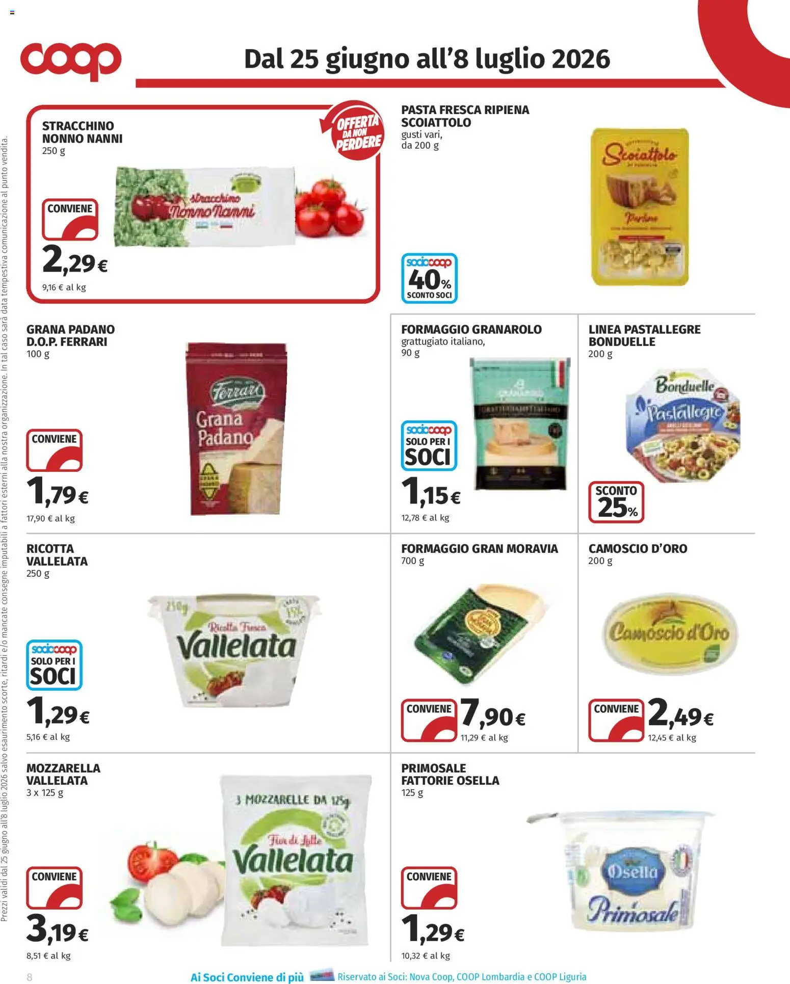 Volantino COOP del 25/06/2026 | Pagina: 8 | Prodotti: Pasta, Grana Padano, Stracchino, Ricotta