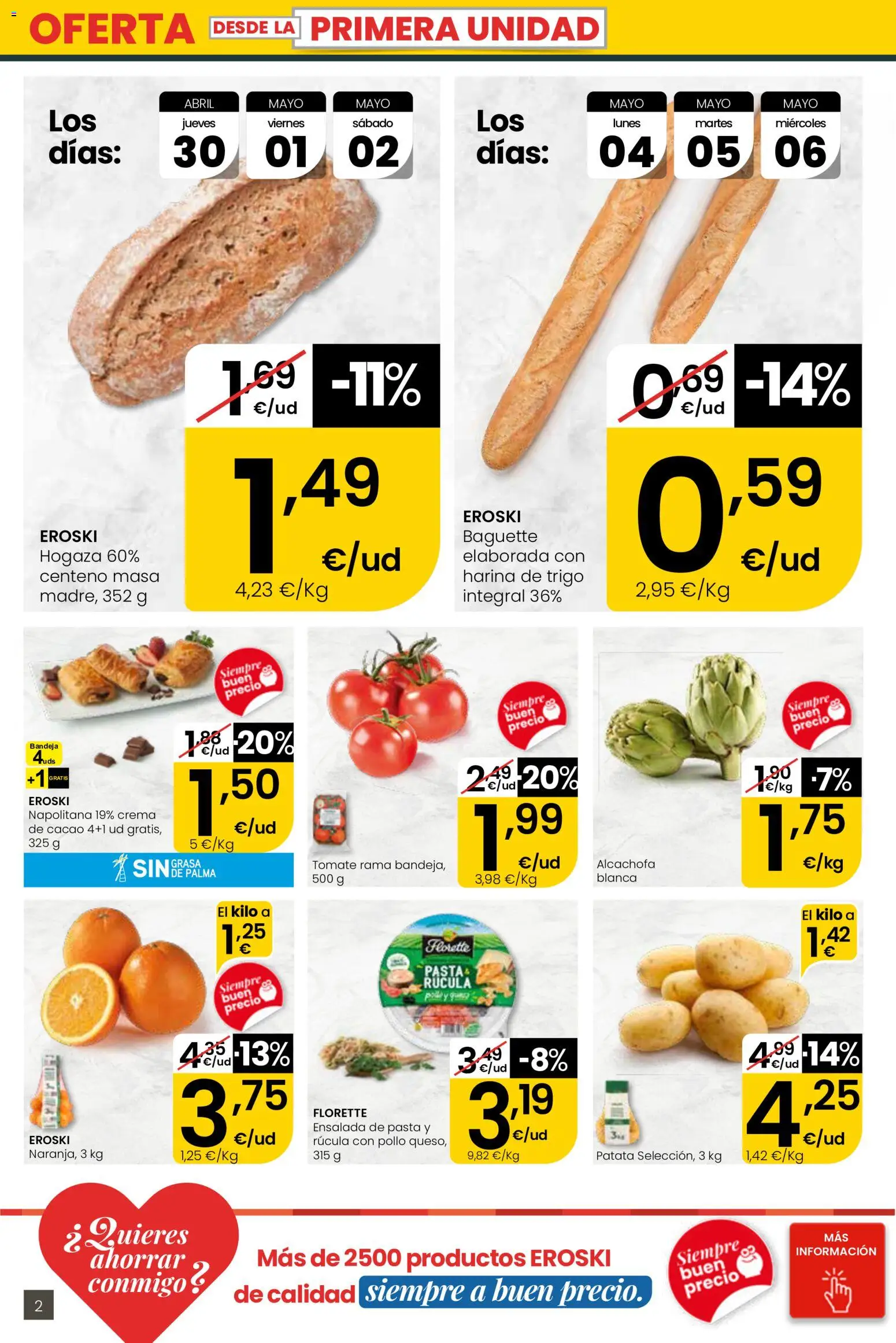 Eroski Quieres ahorrar conmigo │ válido desde el 30.04.2026 | Página: 2 | Productos: Pasta, Crema, Ensalada, Φρυγανιές σικάλεως