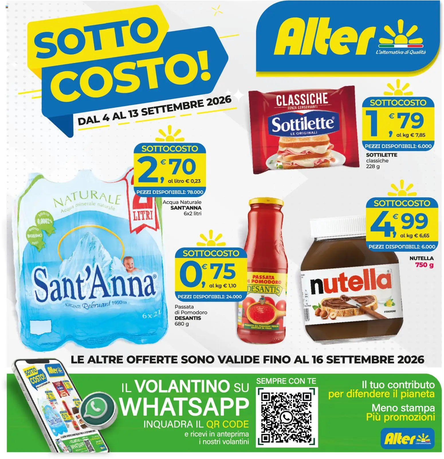Volantino Alter Discount del 04/09/2026 | Pagina: 1 | Prodotti: Acqua, Pomodori, Nutella, Stampa