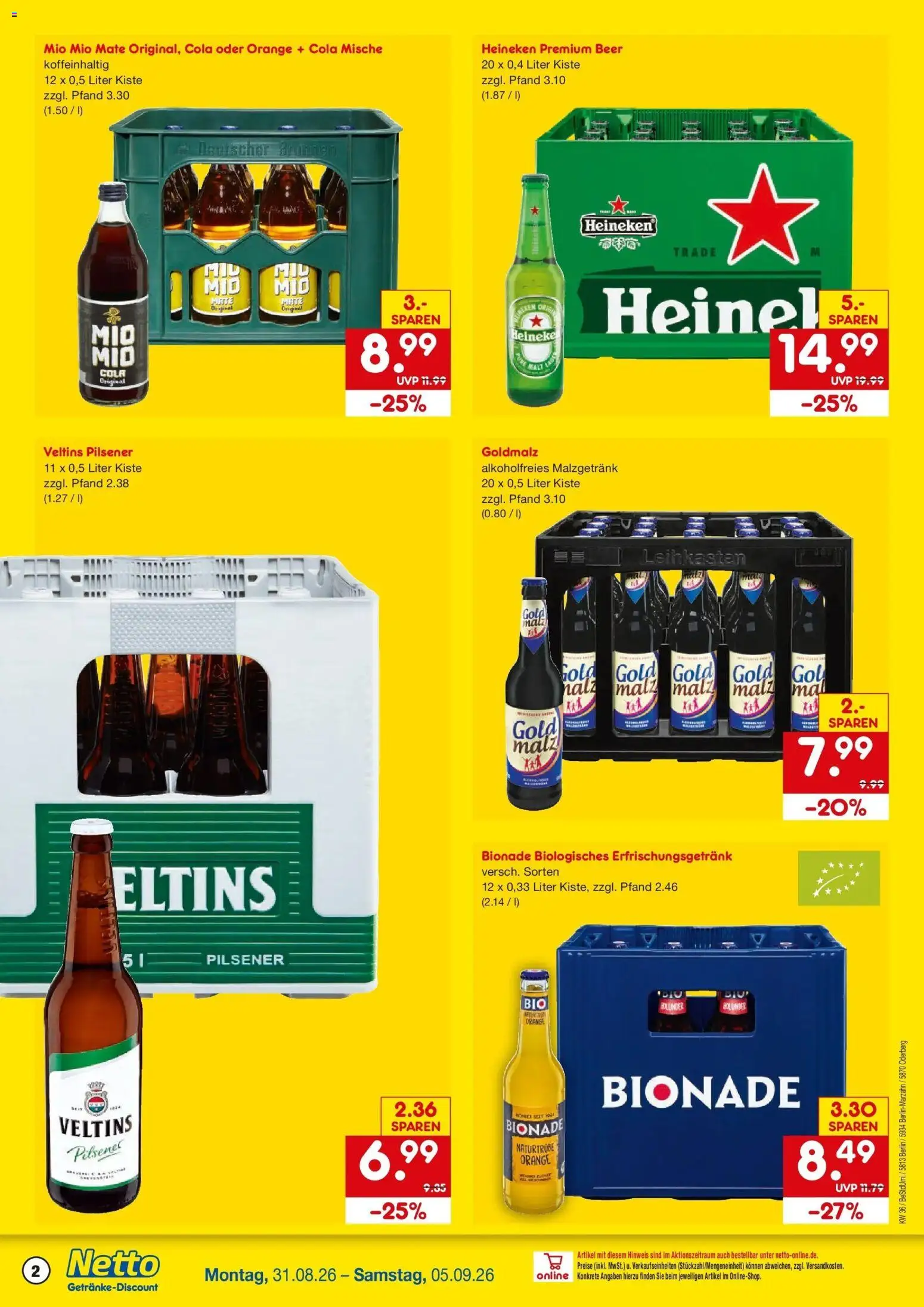 Netto Marken-Discount Prospekt Berlin (ab 31.08.2026) » Angebote | Seite: 2 | Produkte: Cola, Mio mio mate, Heineken, Veltins