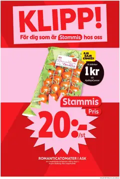 Romantica tomater I ask, ICA. Nederländerna/Spanien. 400 g. Klass 1. Jfr pris 50:00/kg. Max 2 köp/hushåll. - Förhandsvisning av reklamblad från butik ICA Maxi aktuell från 04.05.2026 | Sida: 2