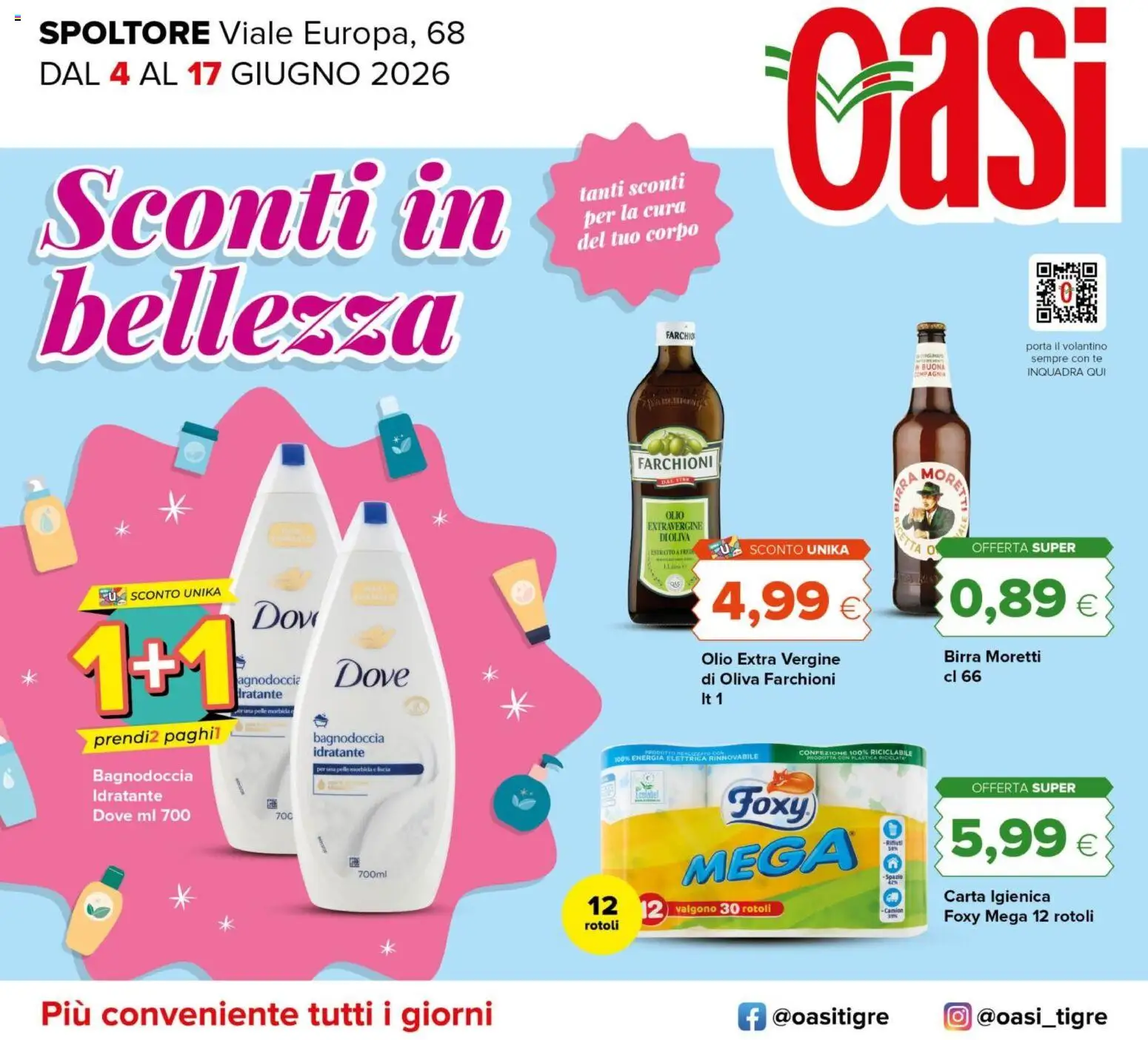 Volantino Oasi del 04.06.2026 | Pagina: 1 | Prodotti: Carta igienica, Birra, Tè, Olio