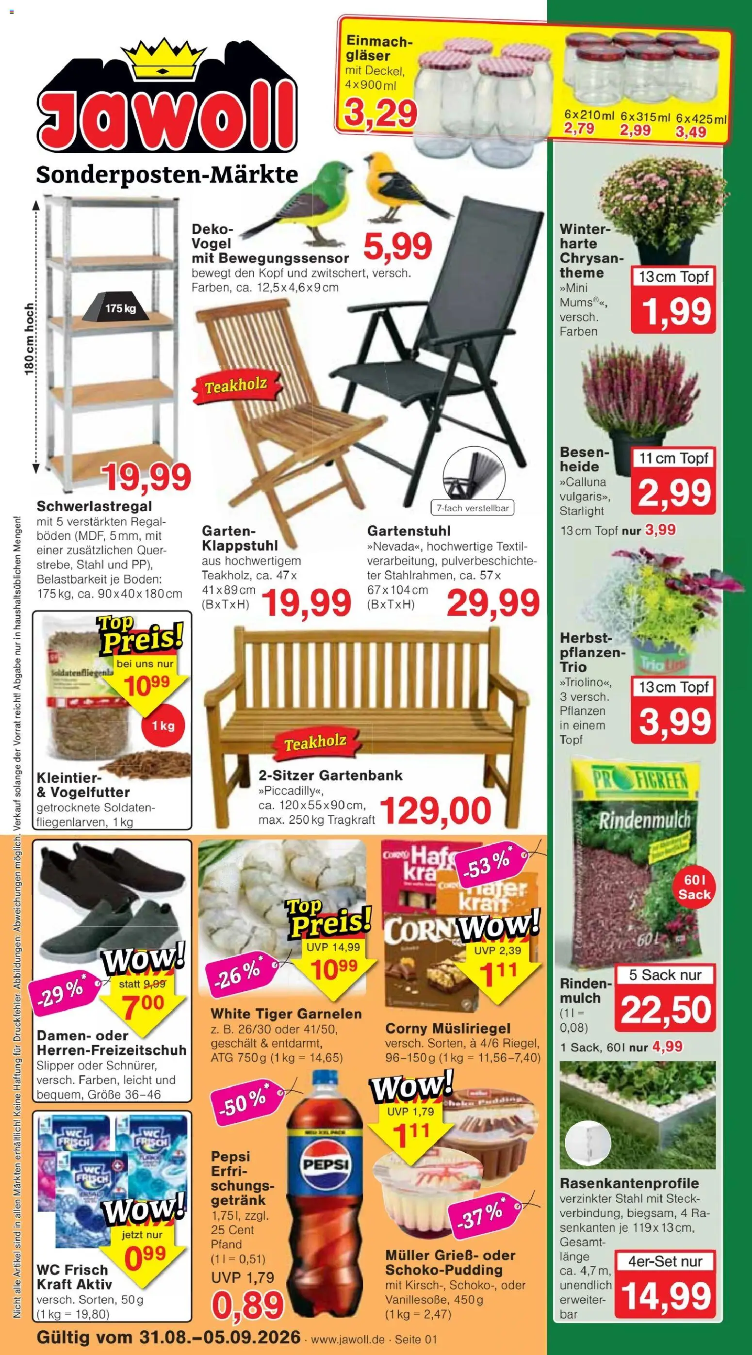 Jawoll Prospekt – gültig ab 31.08.2026 | Seite: 1 | Produkte: Grieß, Rindenmulch, Wc frisch, Tiger garnelen