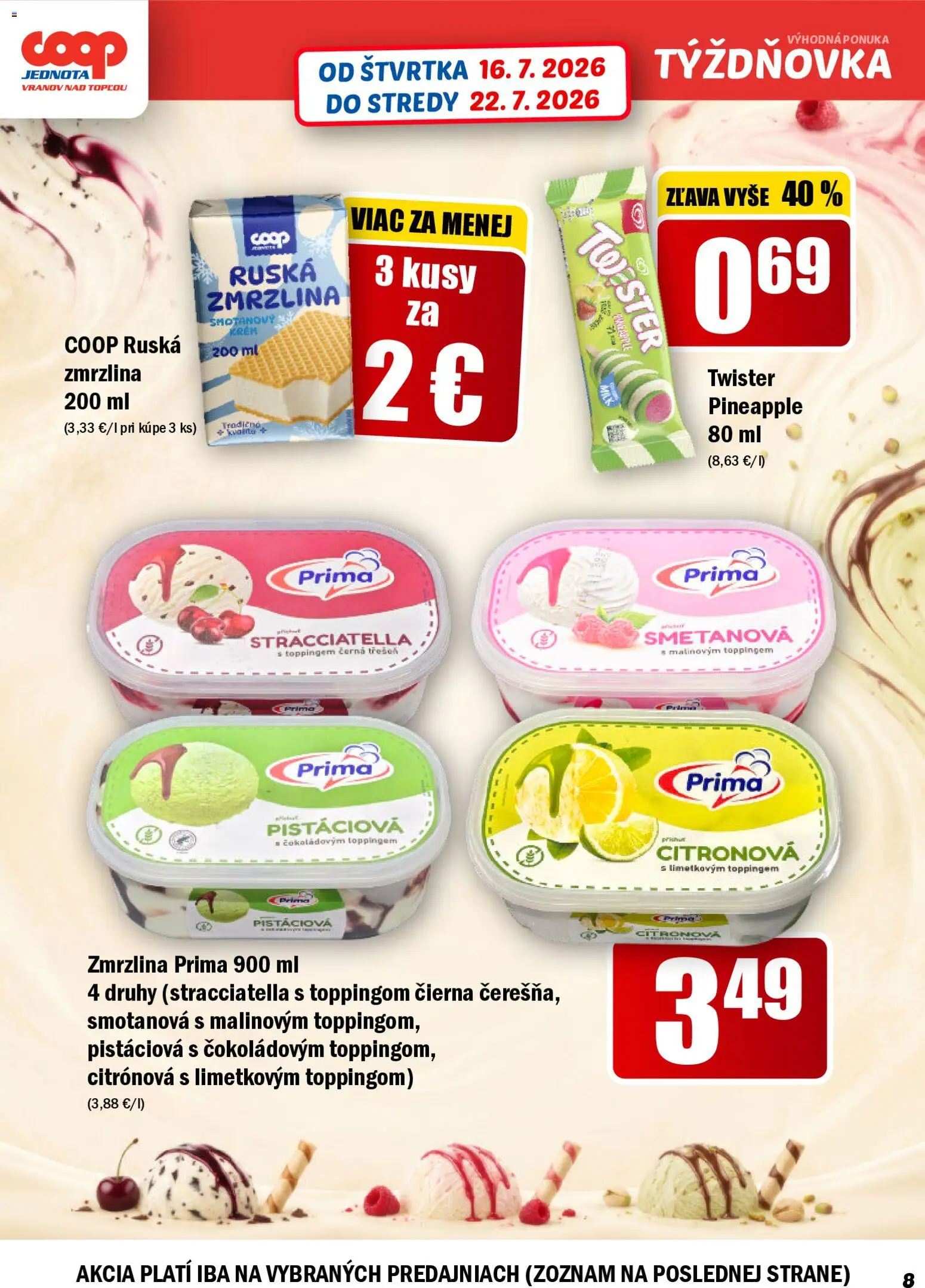 Nové COOP Jednota akcie – leták je platný od 16.07.2026 | Strana: 8 | Produkty: Zmrzlina, Krém