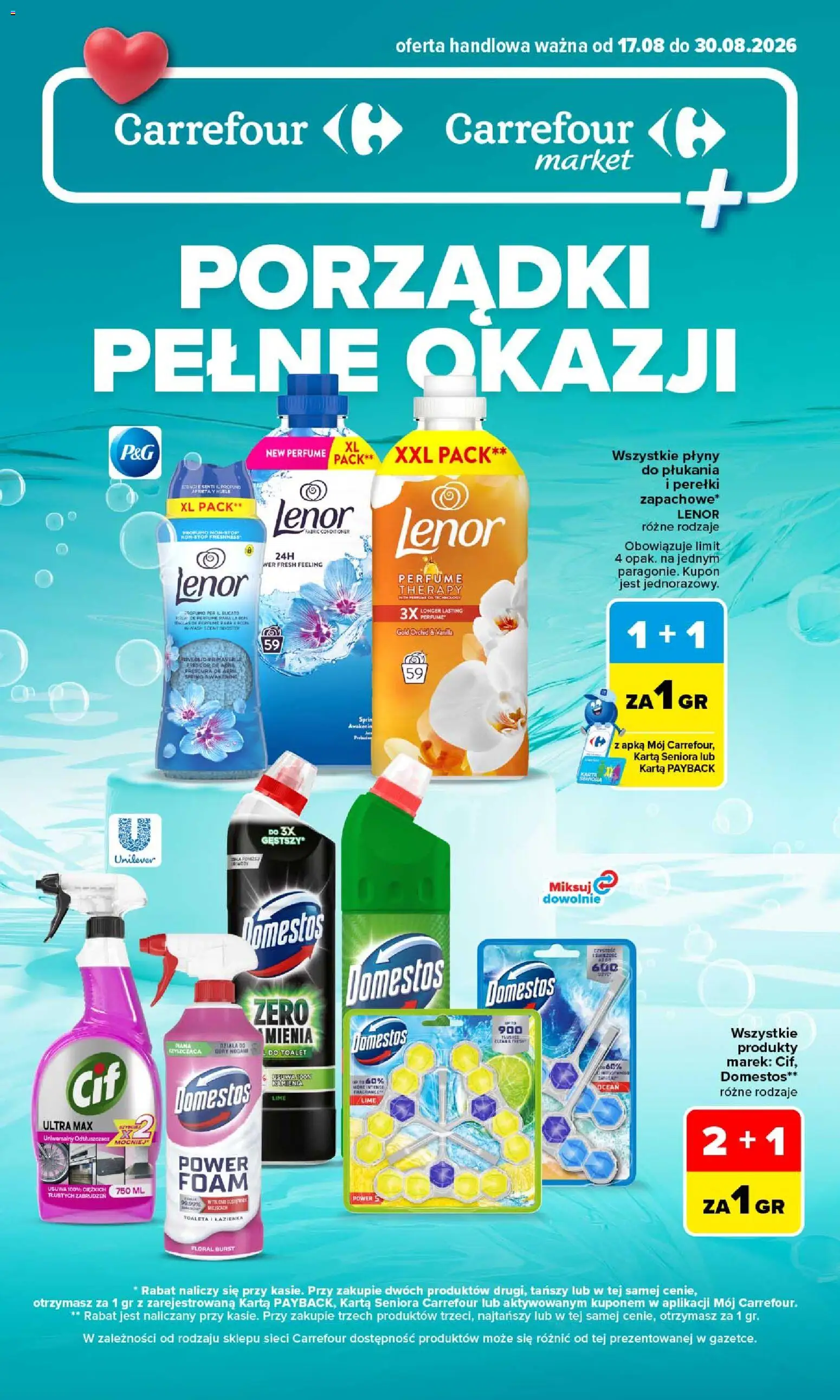 Carrefour gazetka - Porządki pełne okazji od 17.08.2026 | Strona: 1 | Produkty: Karta, Toaleta, Domestos, Piana