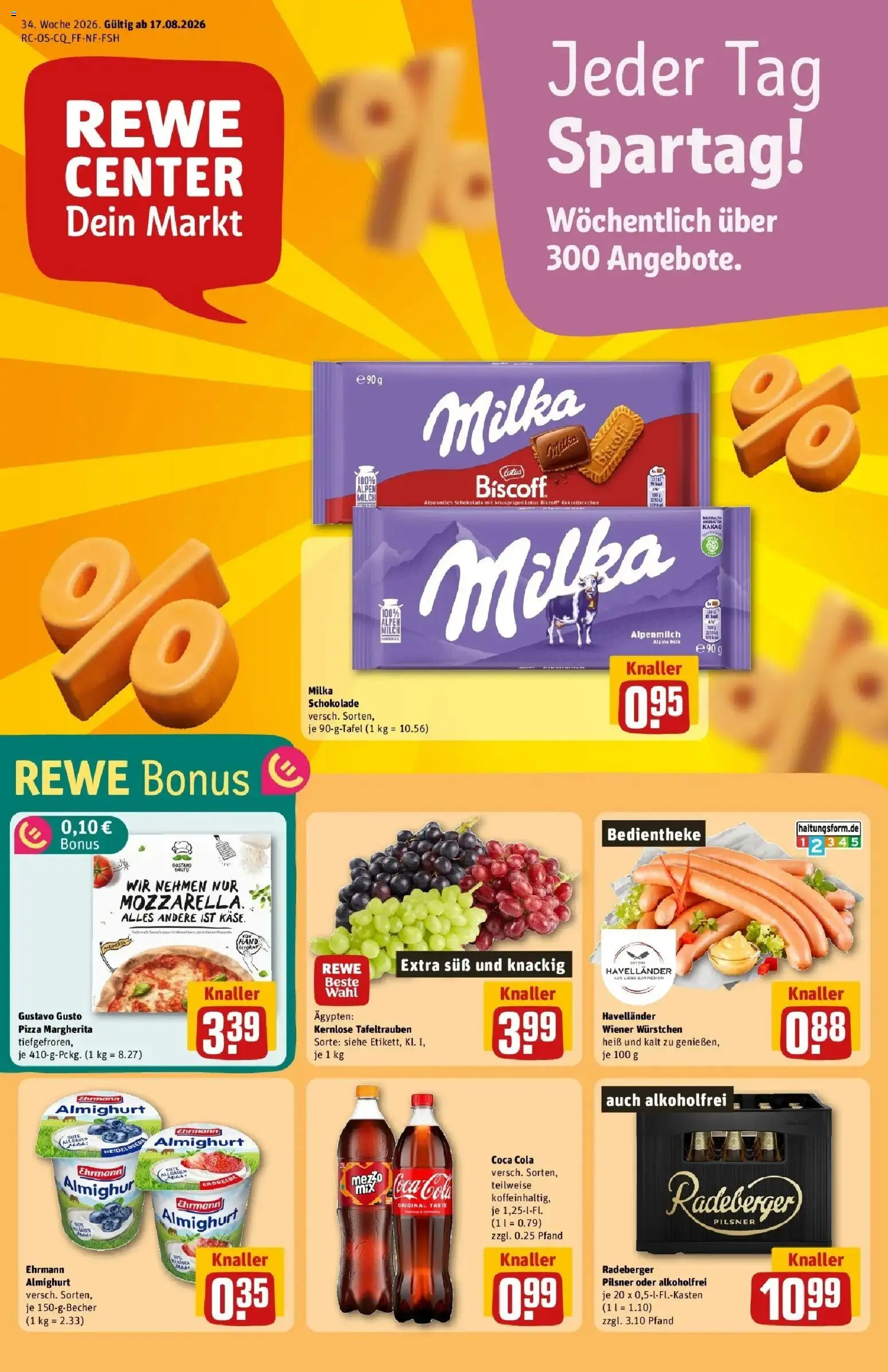 REWE Prospekt ab 17.08.2026 zum Blättern » Angebote | Seite: 1 | Produkte: Gustavo gusto, Cola, Käse, Schokolade