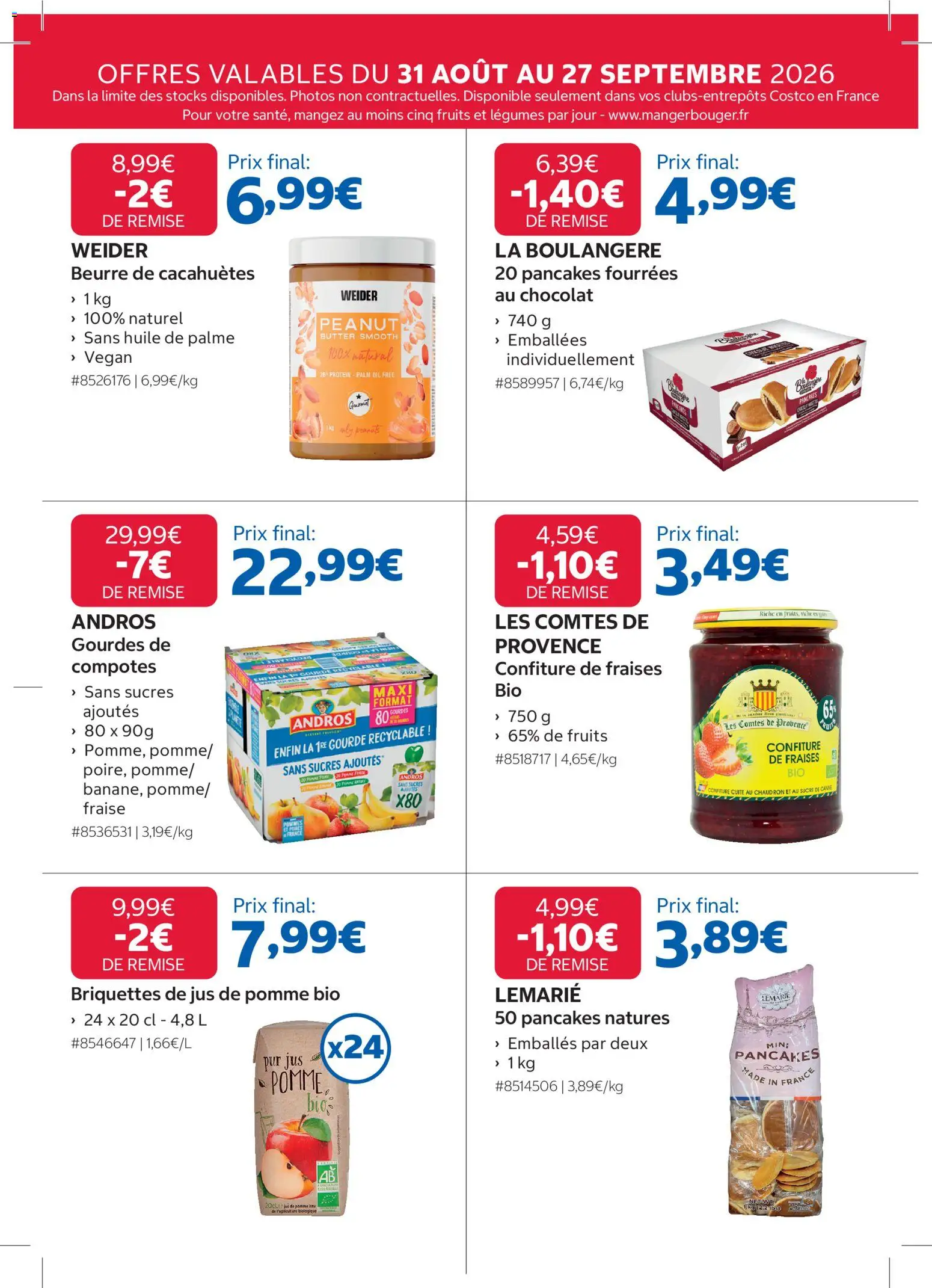 {H1} | Page: 9 | Produits: Briquettes, Beurre de cacahuètes, Chocolat, Jus