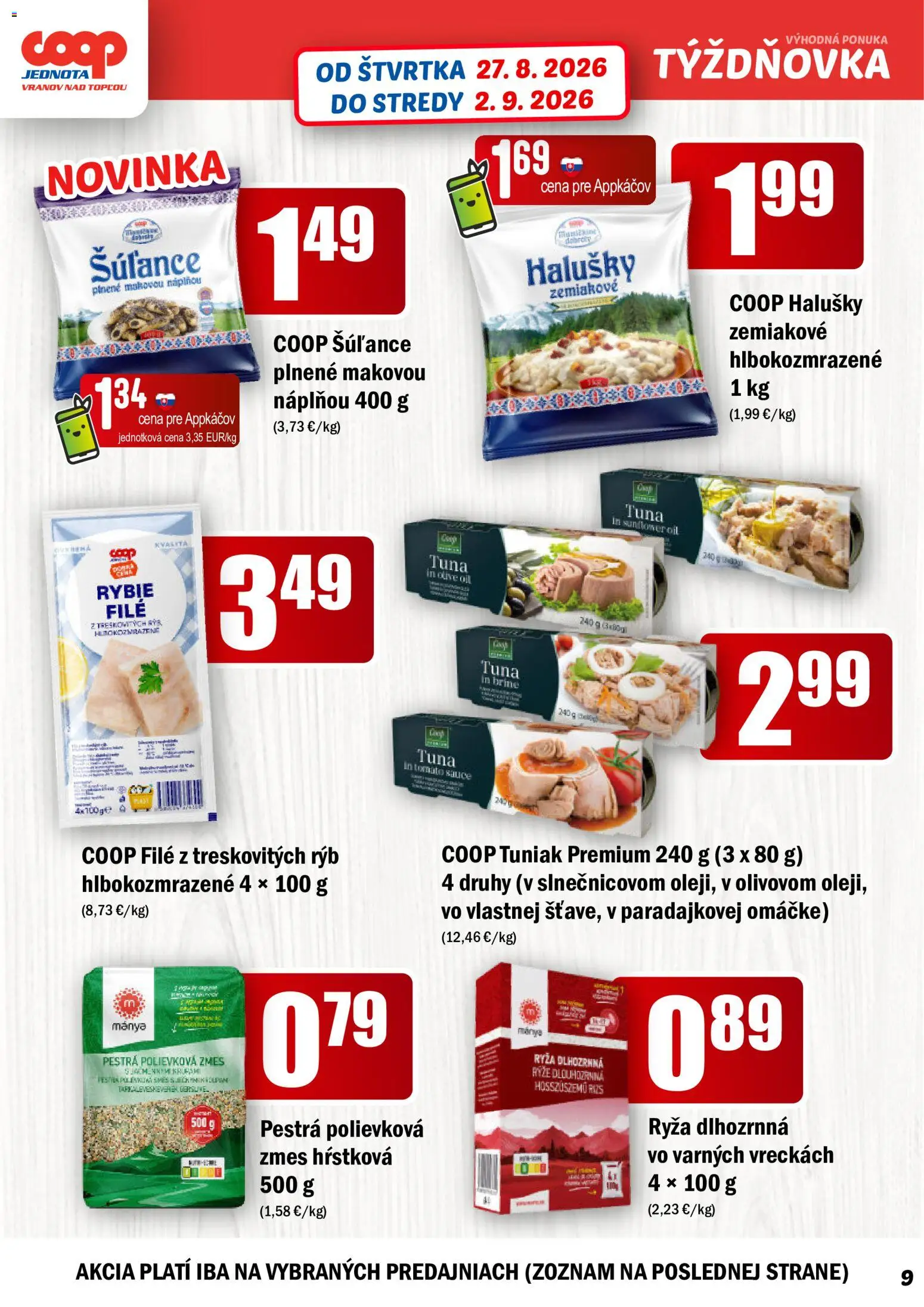 Nové COOP Jednota akcie – leták je platný od 27.08.2026 | Strana: 9 | Produkty: Tuniak, Rybie filé, Ryža, Filé
