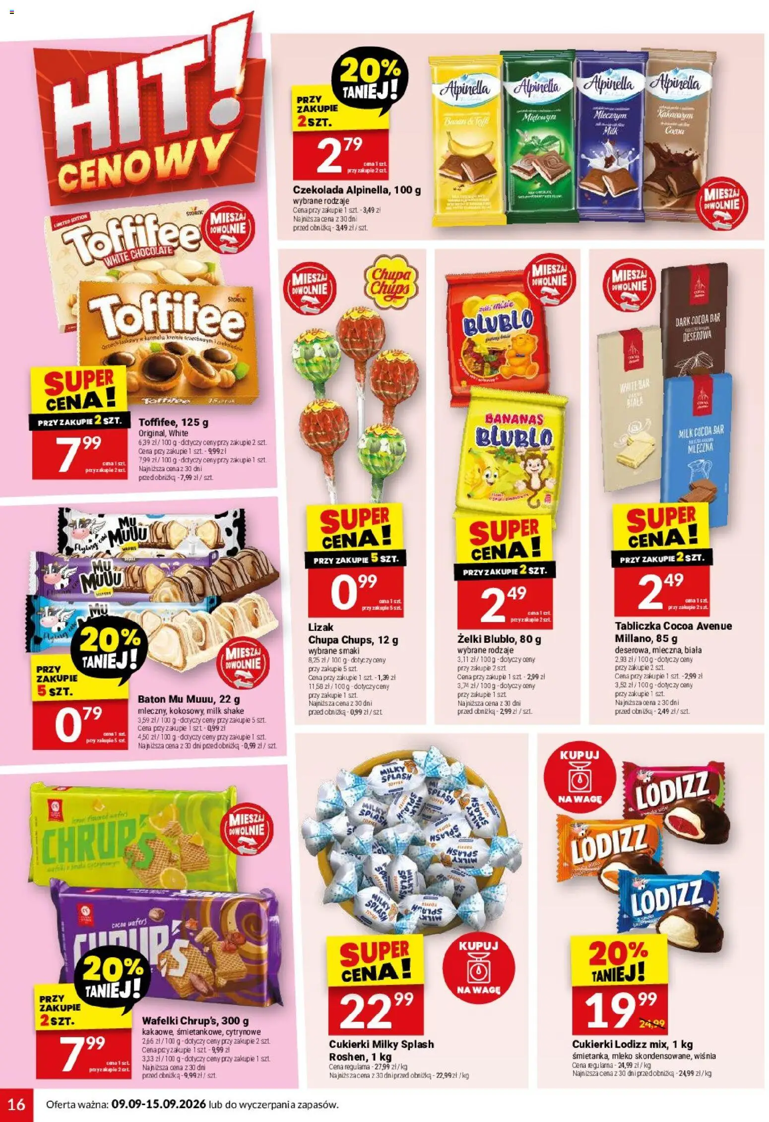 Twój Market gazetka od 09.09.2026 | Strona: 16 | Produkty: Cukierki Milky Splash, Toffifee, Baton, Żelki