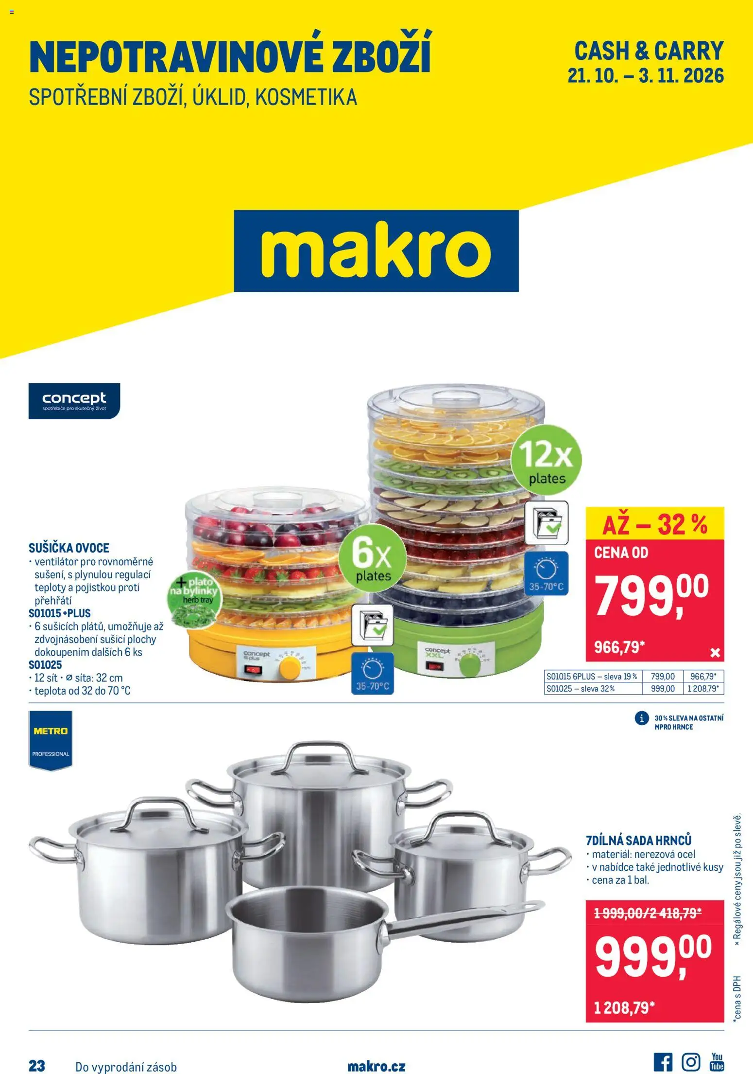 Makro leták  - Nepotravinové zboží od 21.10.2026 | Strana: 1 | Produkty: Sada hrnců, Hrnce, Síť, Sušička