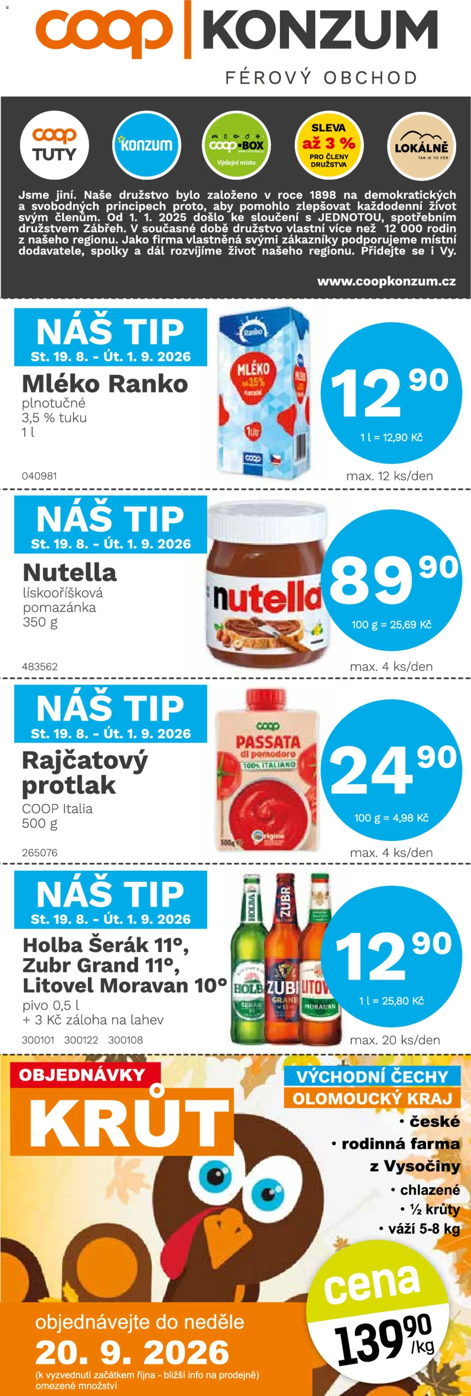 Konzum leták od 19.08.2026 | Strana: 1 | Produkty: Pivo, Protlak, Pomazánka, Nutella