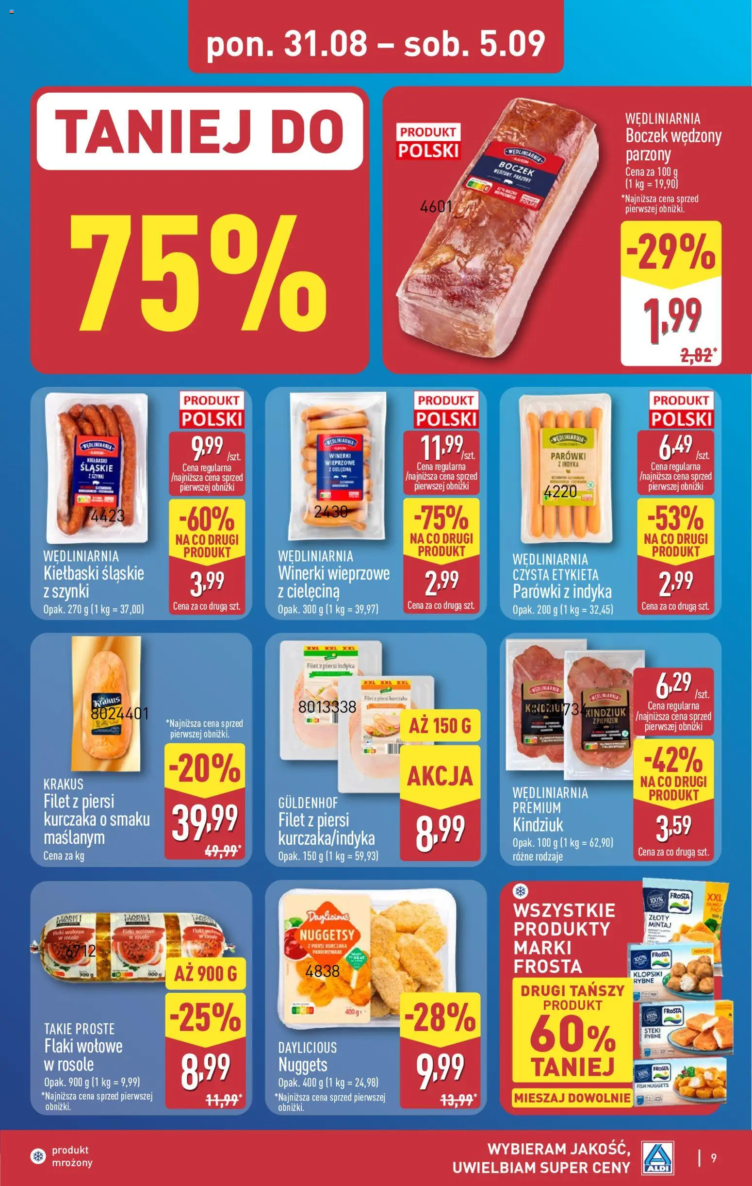 Aldi gazetka od 31.08.2026 | Strona: 9 | Produkty: Frosta, Stek, Kiełbaski, Kindziuk