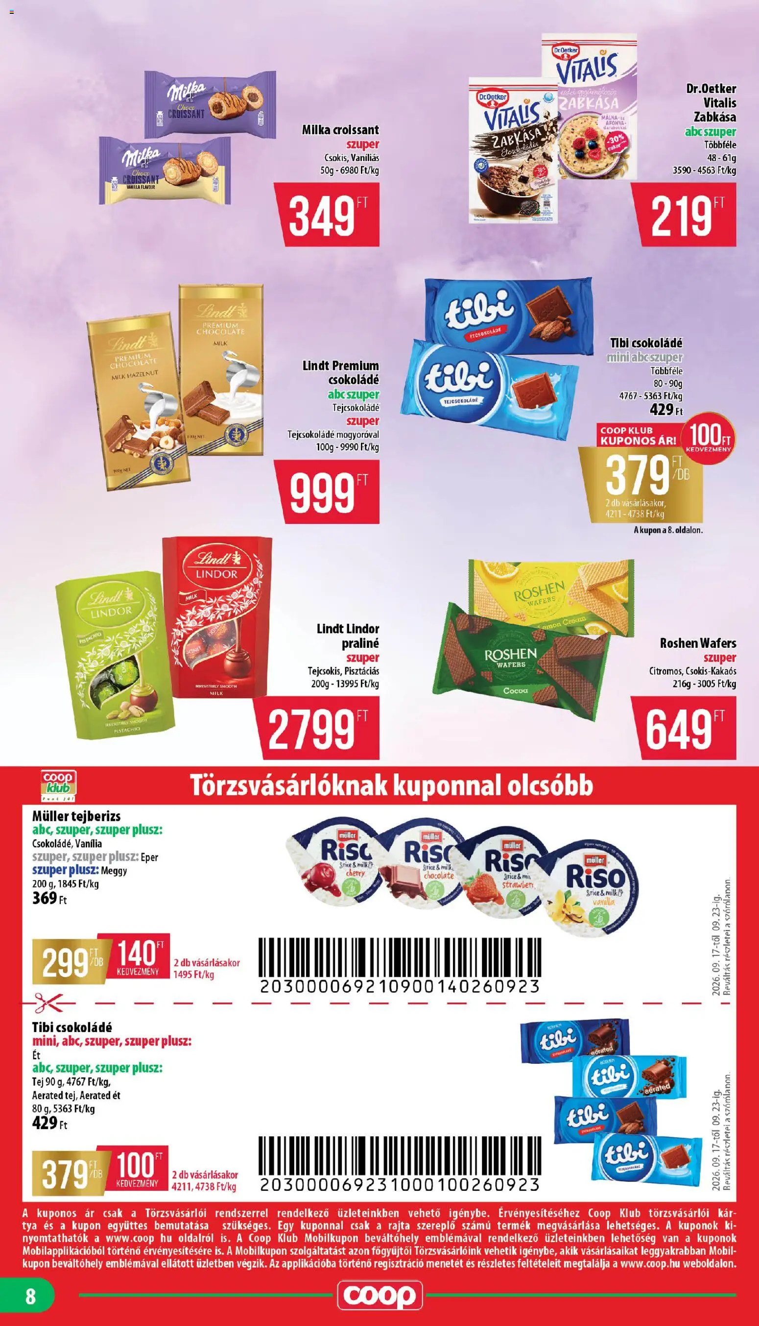 COOP akciós ujság - amely érvényes a következő dátumtól: 2026.09.17. | Oldal: 8 | Termékek: Tejberizs, Vanília, Tejcsokoládé, Wafers