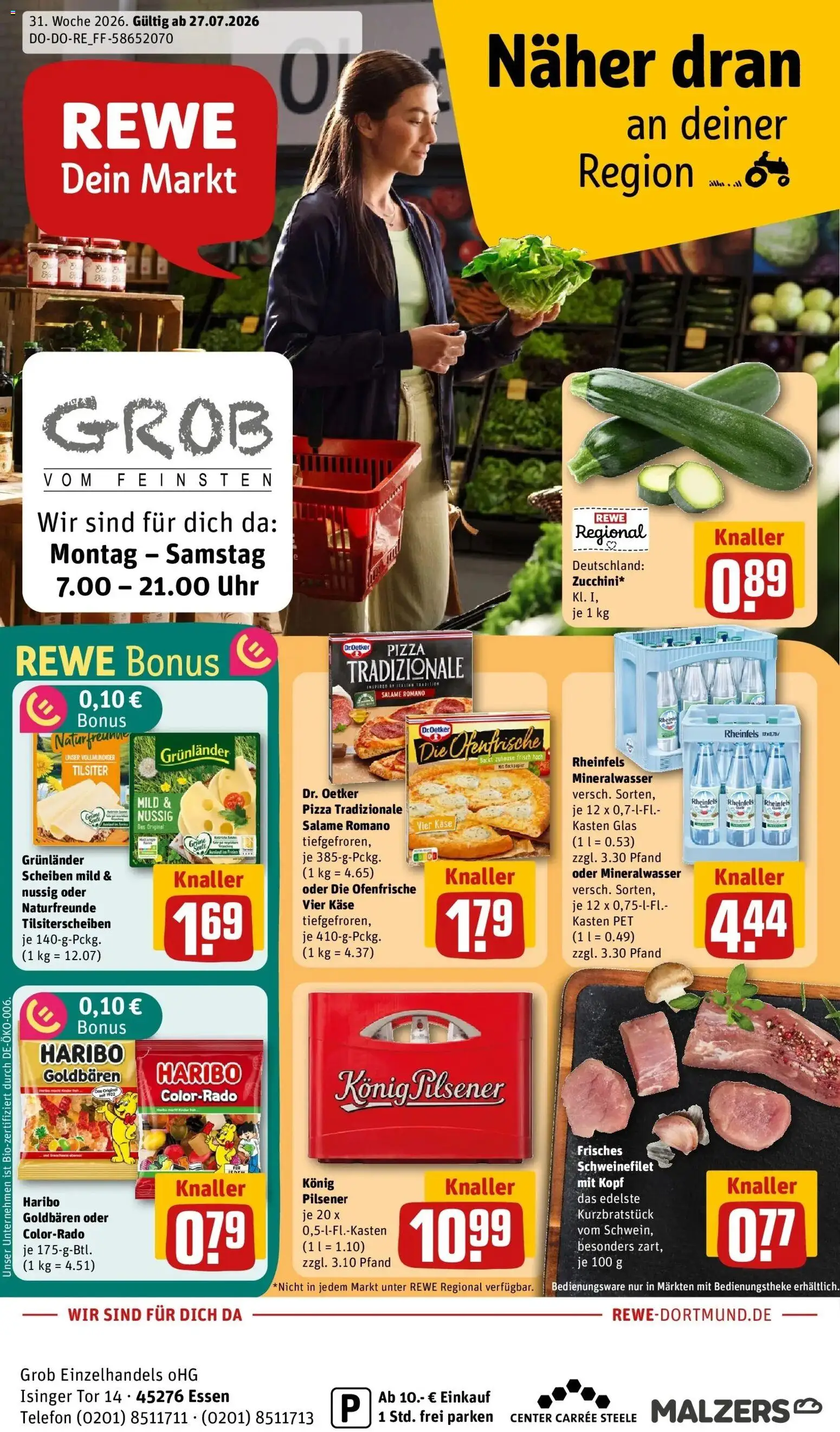 Rewe Prospekt Essen – gültig ab 27.07.2026 | Seite: 1 | Produkte: Käse, Schweinefilet, Pizza, Uhr
