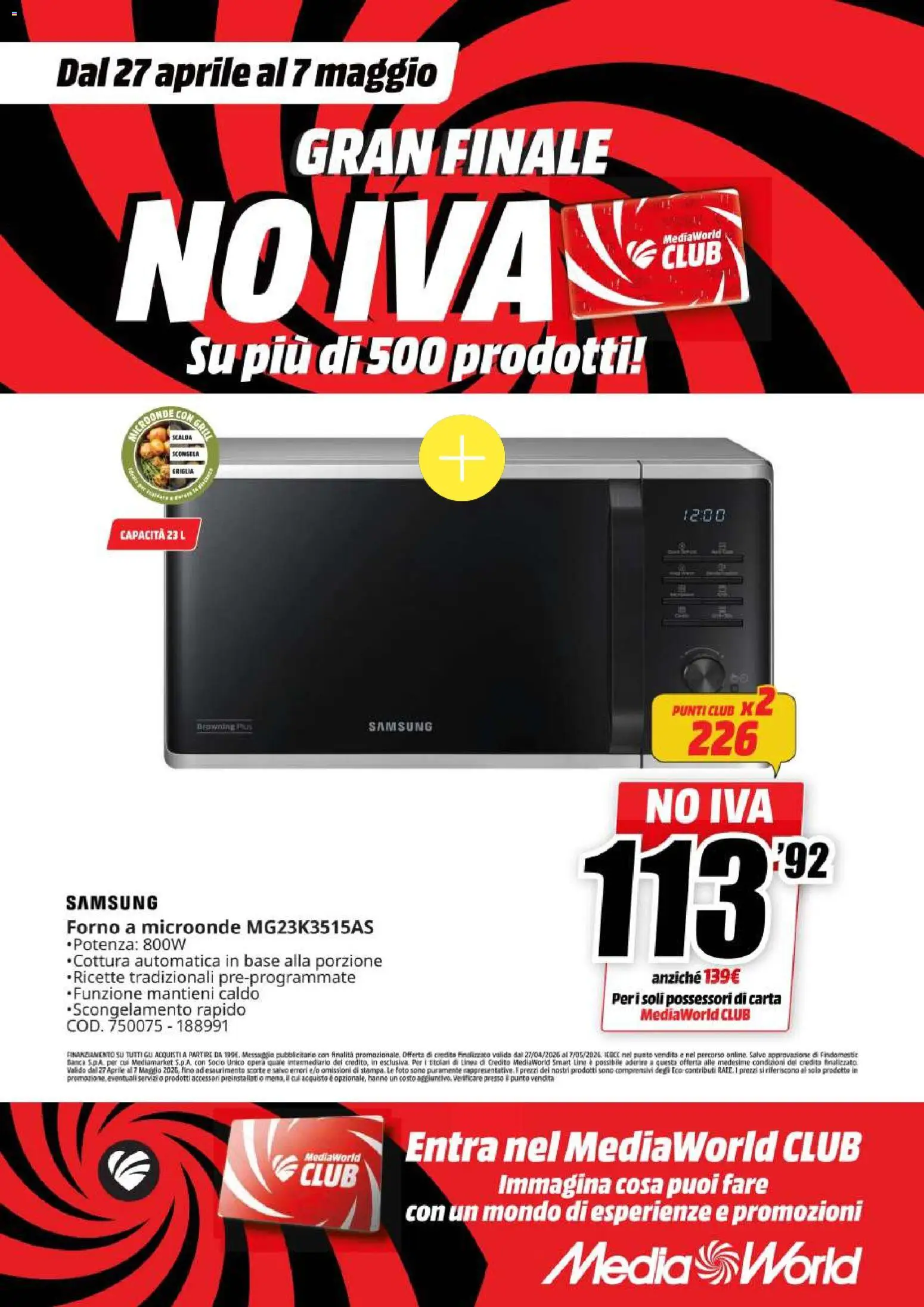 Volantino Media World del 27.04.2026 | Pagina: 15 | Prodotti: Microonde, Forno a microonde, Forno, Samsung