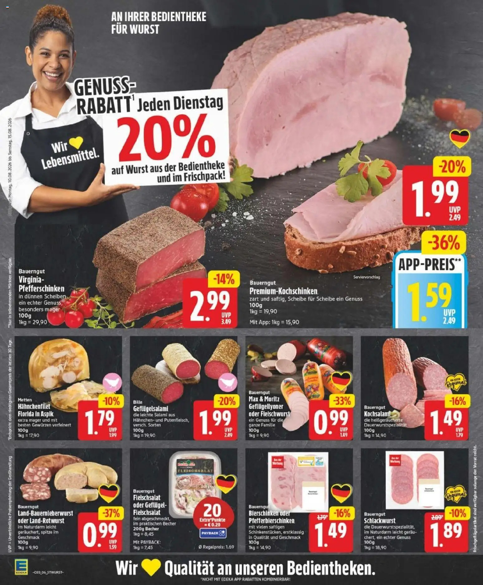 Edeka Prospekt Magdeburg – gültig ab 10.08.2026 | Seite: 6 | Produkte: Hahnchen, Wurst, Bauerngut, Salami