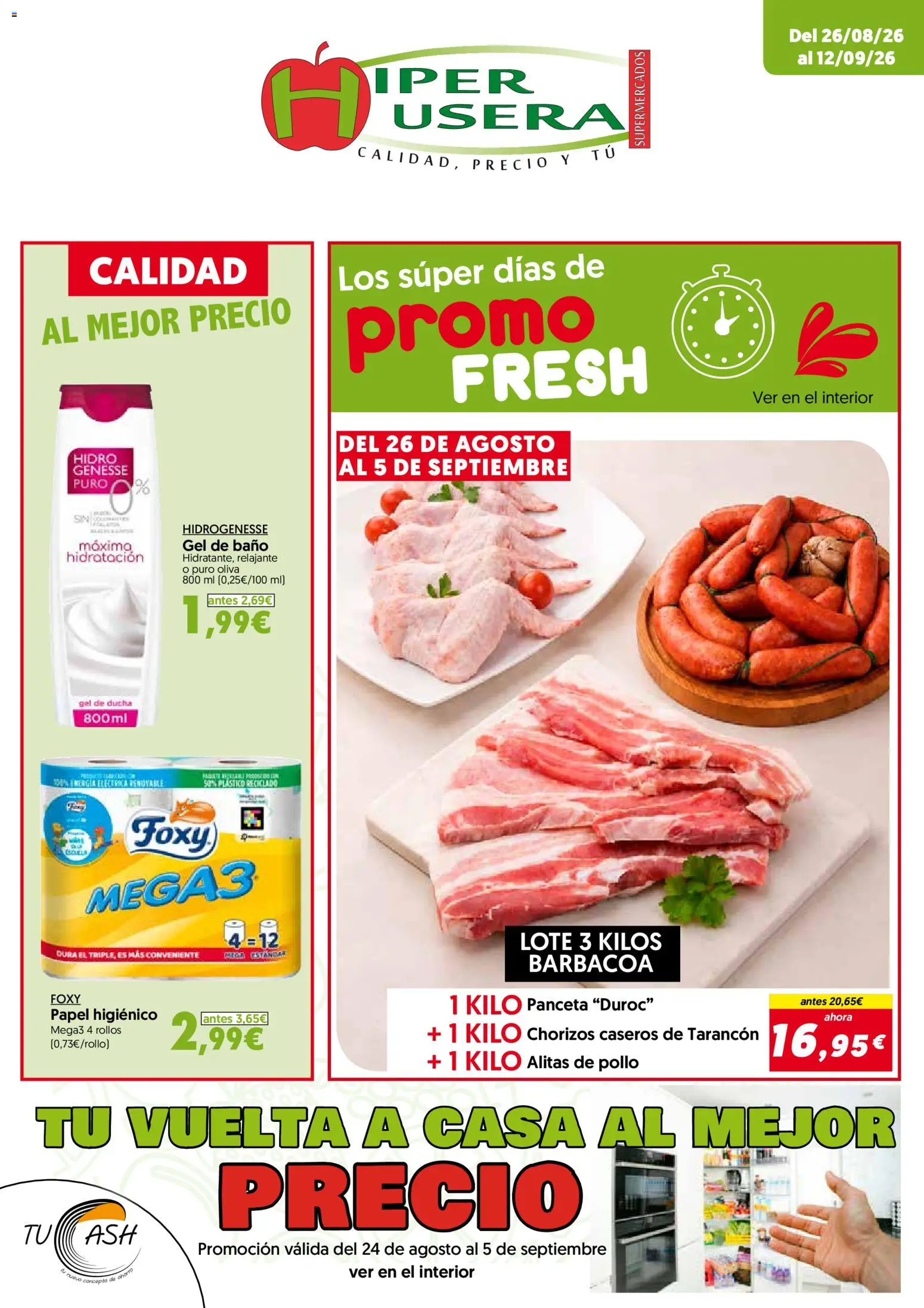 Hiper Usera folleto │ válido desde el 26/08/2026 | Página: 1 | Productos: Alitas de pollo, Gel de baño, Barbacoa, Pollo