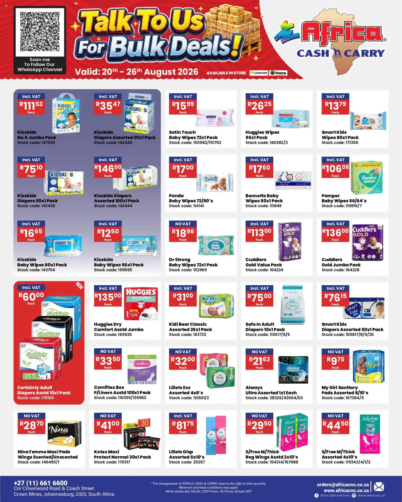 New Africa Cash & Carry catalogue – valid from 20/08/2026 | Page: 14 | Products: Diapers, Box, Pads, Stock