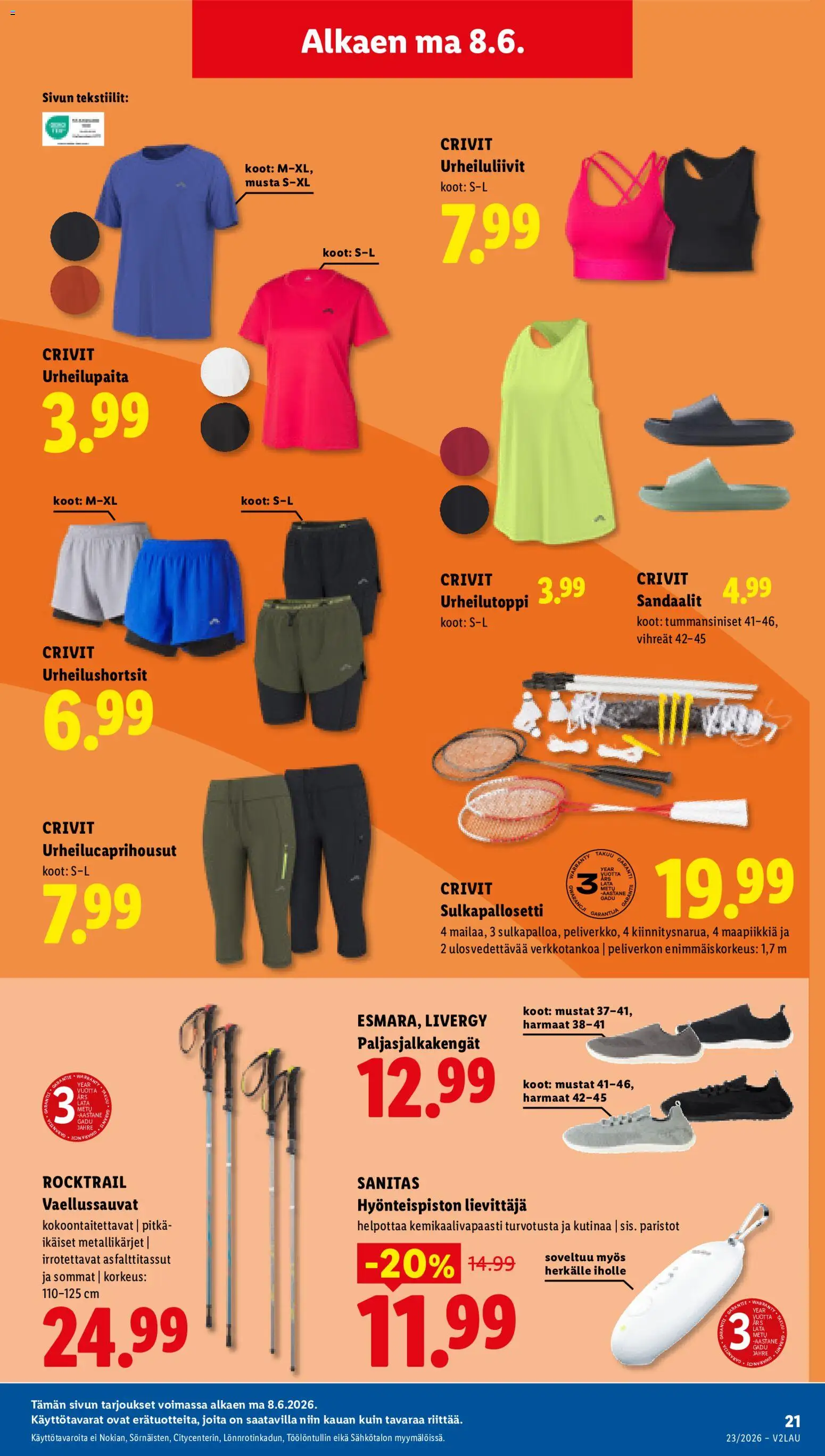 Lidl tarjoukset - Rovaniemi – voimassa 04.06.2026 alkaen | Sivu: 29 | Tuotteet: Urheiluliivit, Paljasjalkakengät, Paristot, Sandaalit