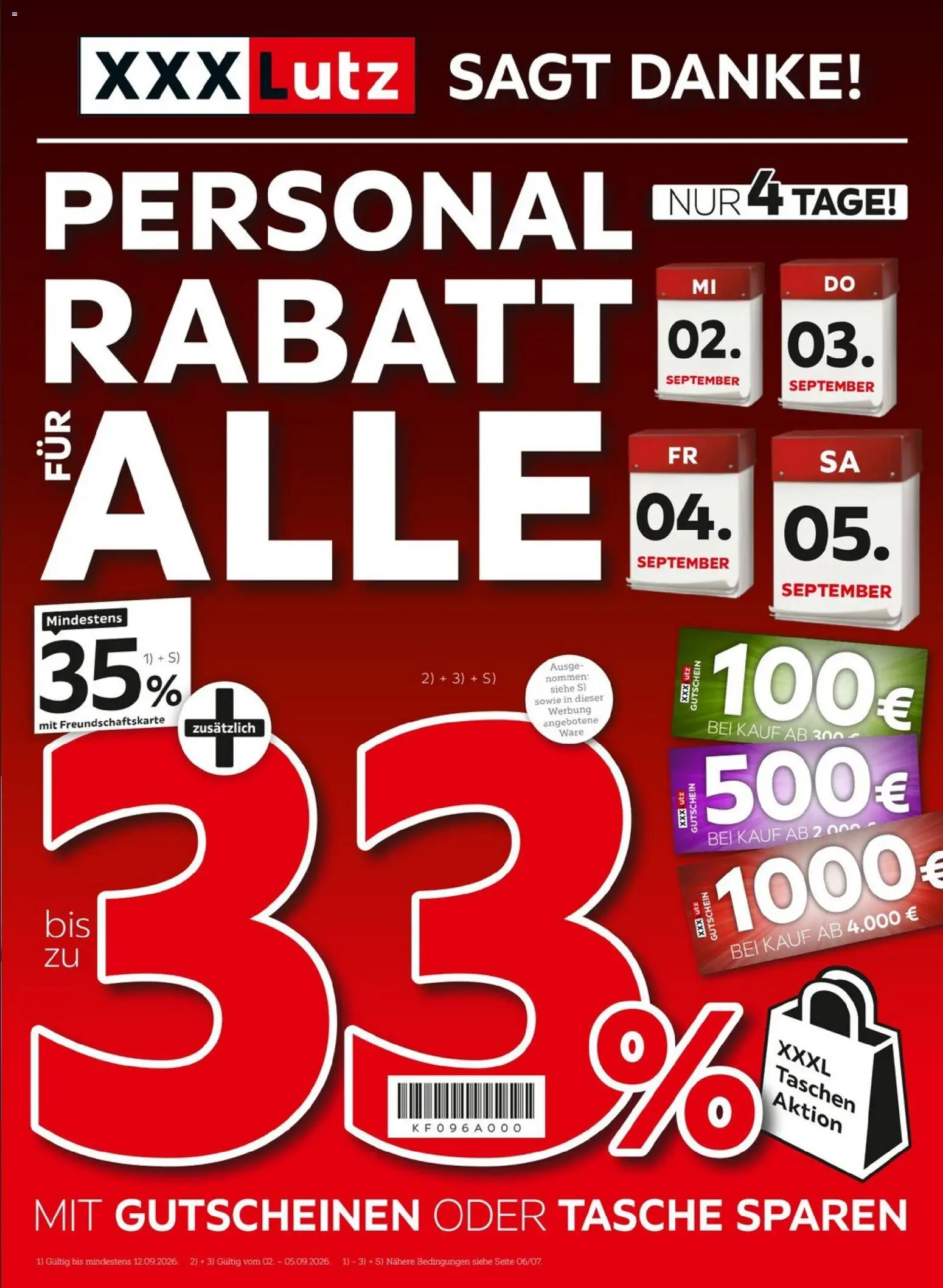 XXXLutz Personalrabatt für alle – gültig ab 02.09.2026 | Seite: 1 | Produkte: Tasche, Taschen