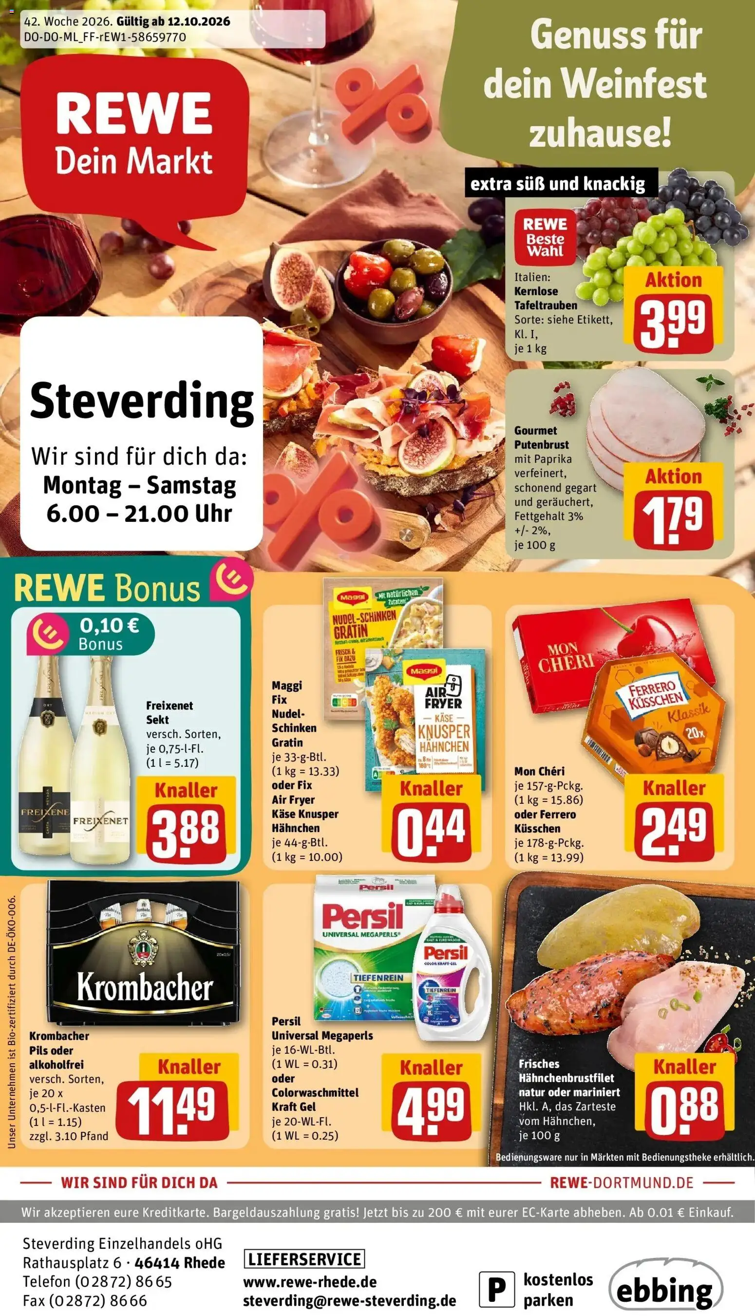 REWE Prospekt ab 12.10.2026 zum Blättern » Angebote | Seite: 1 | Produkte: Sekt, Krombacher, Schinken, Telefon