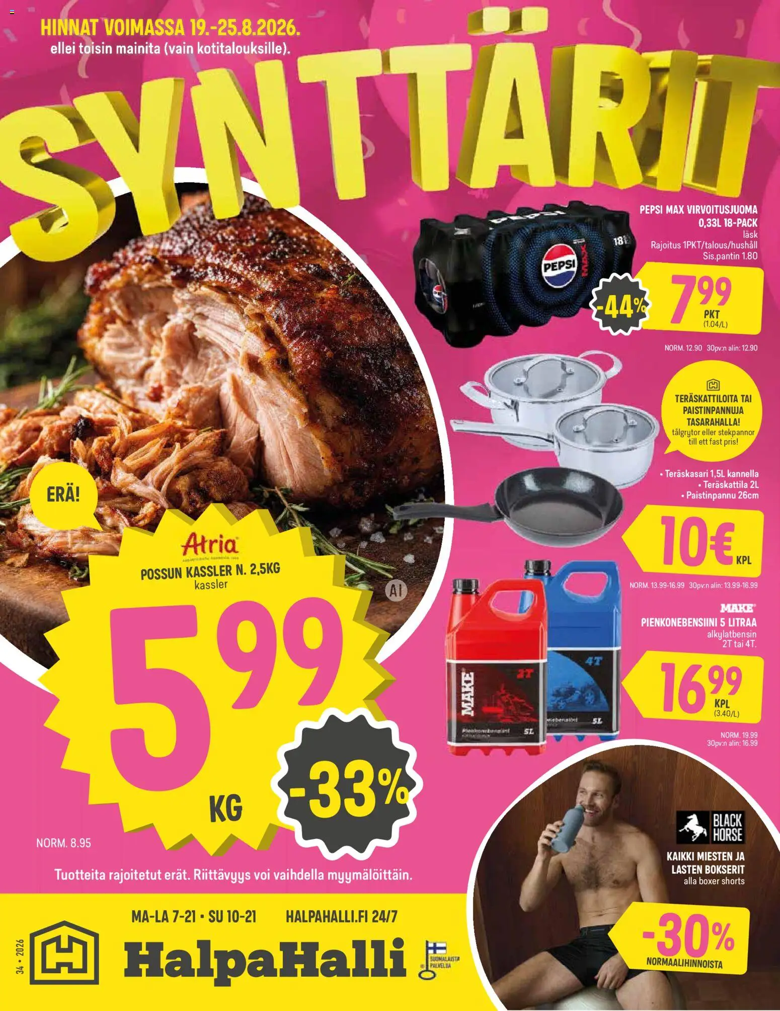 Halpa Halli tarjoukset – voimassa 19/08/2026 alkaen | Sivu: 1 | Tuotteet: Paistinpannu, Voi, Pepsi, Bokserit