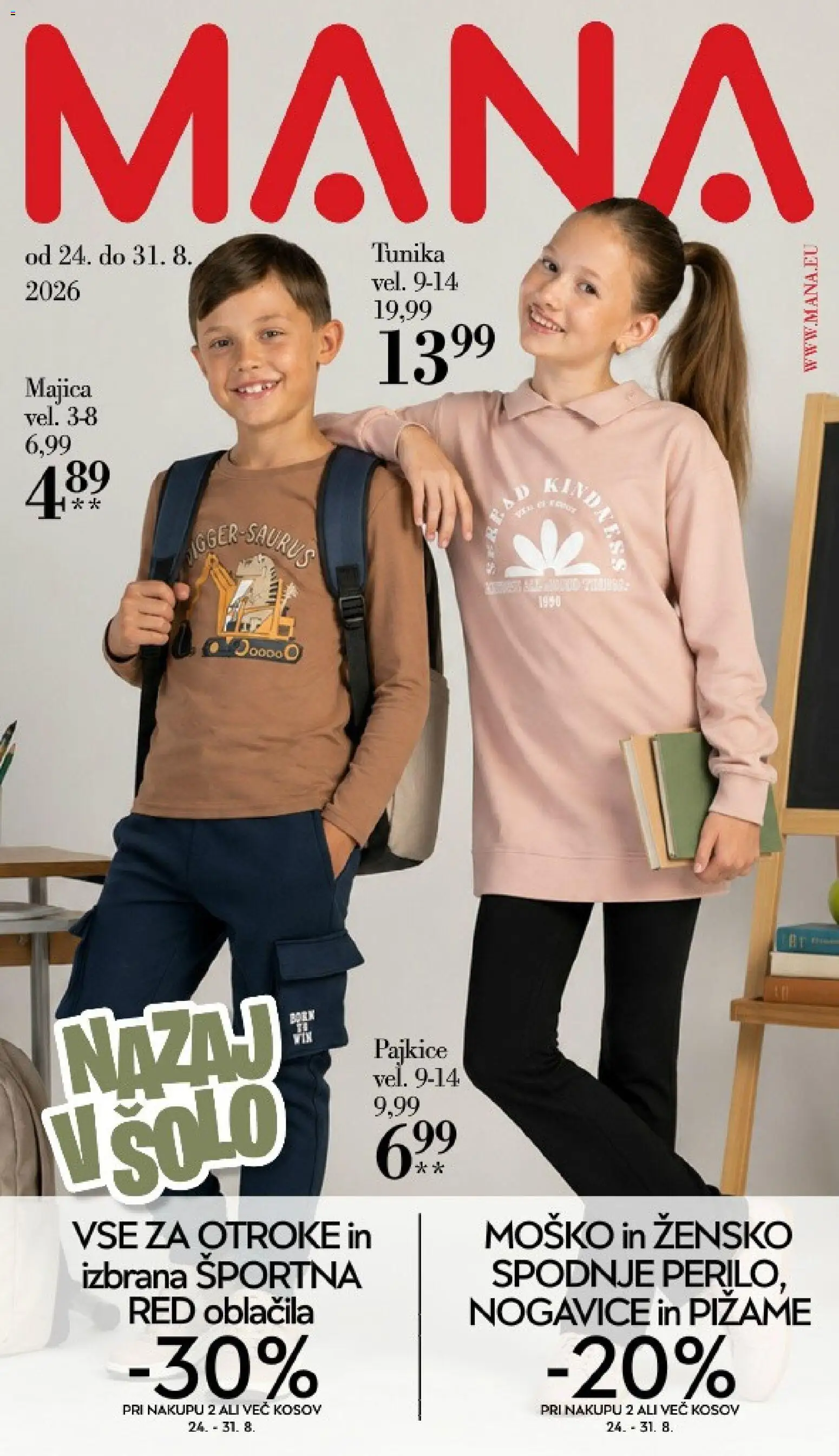 Novi Mana katalog ponudbe – veljaven od 24.08.2026 | Stran: 1 | Izdelki: Tunika, Pajkice, Majica, Nogavice