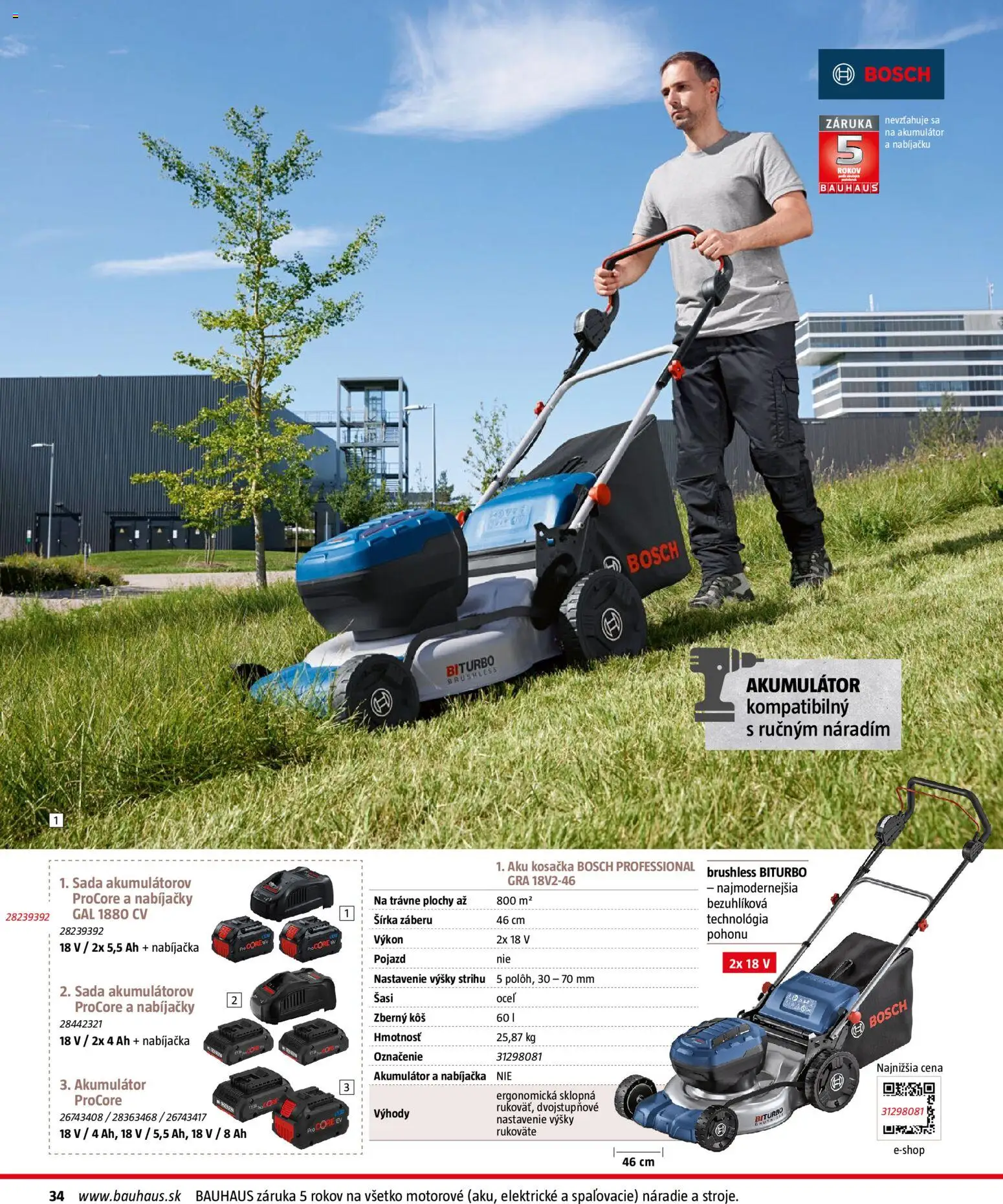 Nové Bauhaus akcie – leták je platný od 03.08.2026 | Strana: 34 | Produkty: Aku kosačka, Kosačka, Náradie, Nabíjačka