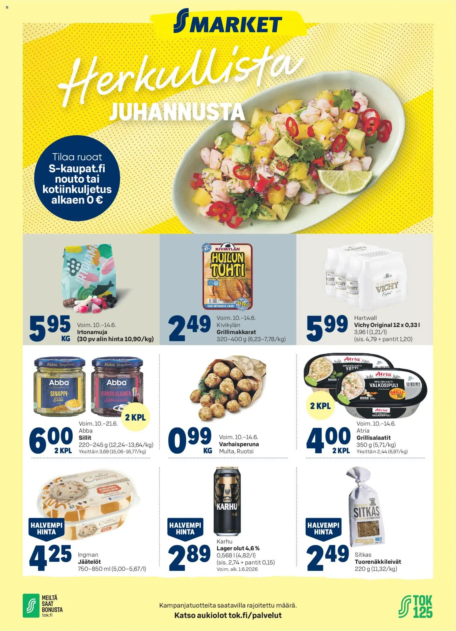 S-market tarjoukset – voimassa 10.06.2026 alkaen | Sivu: 1 | Tuotteet: Grilli, Silli, Sinappi, Jäätelö
